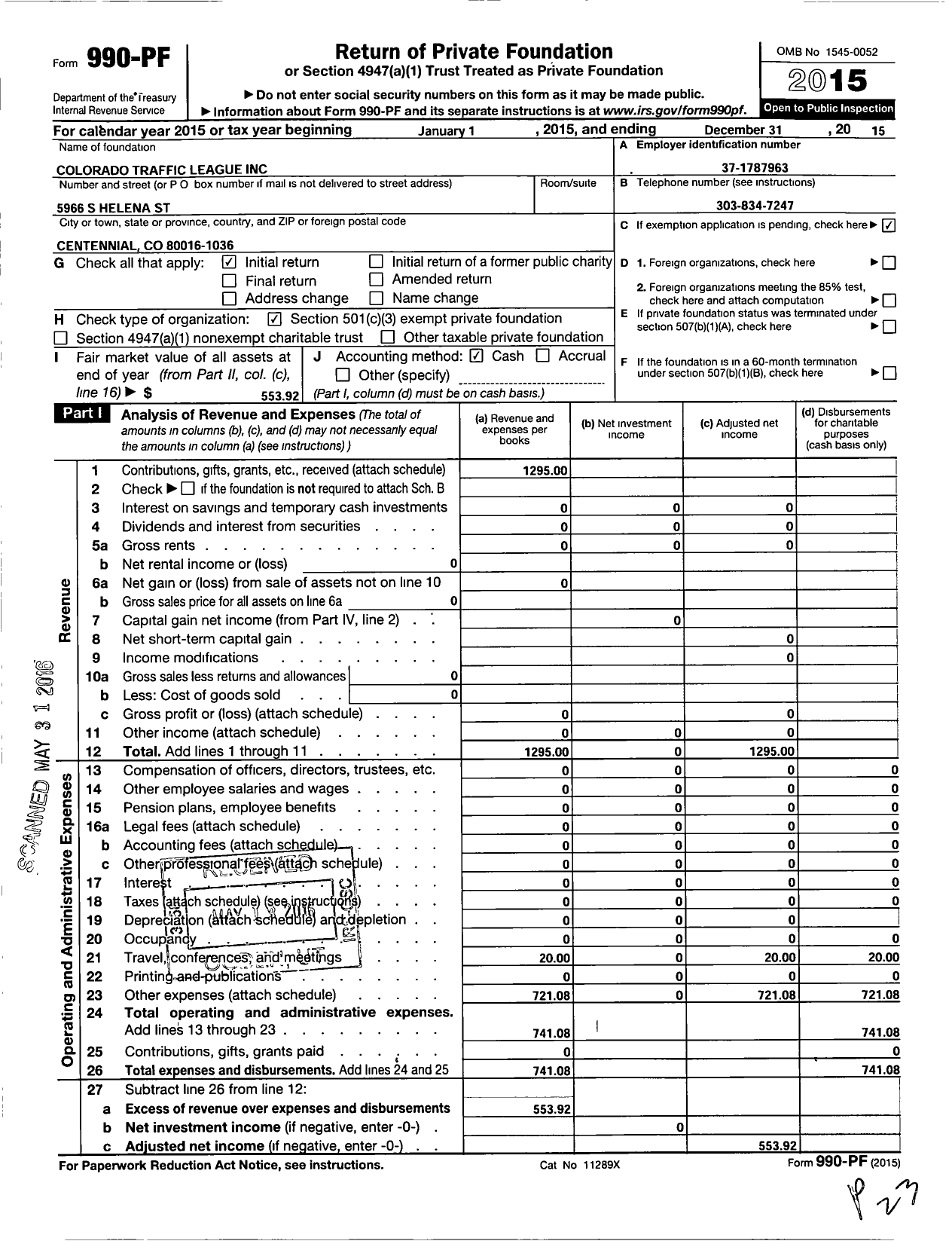 Image of first page of 2015 Form 990PF for Colorado Traffic League