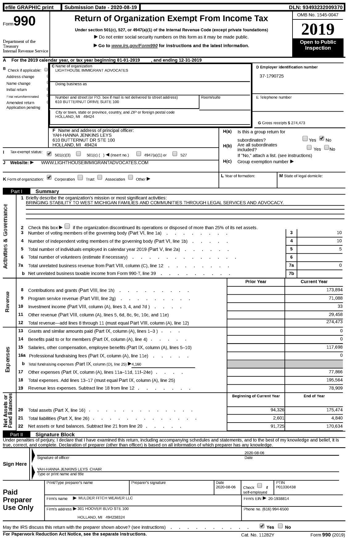 Image of first page of 2019 Form 990 for Lighthouse Immigrant Advocates