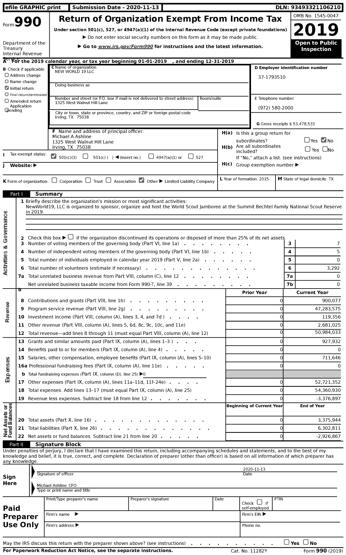 Image of first page of 2019 Form 990 for New World 19 LLC