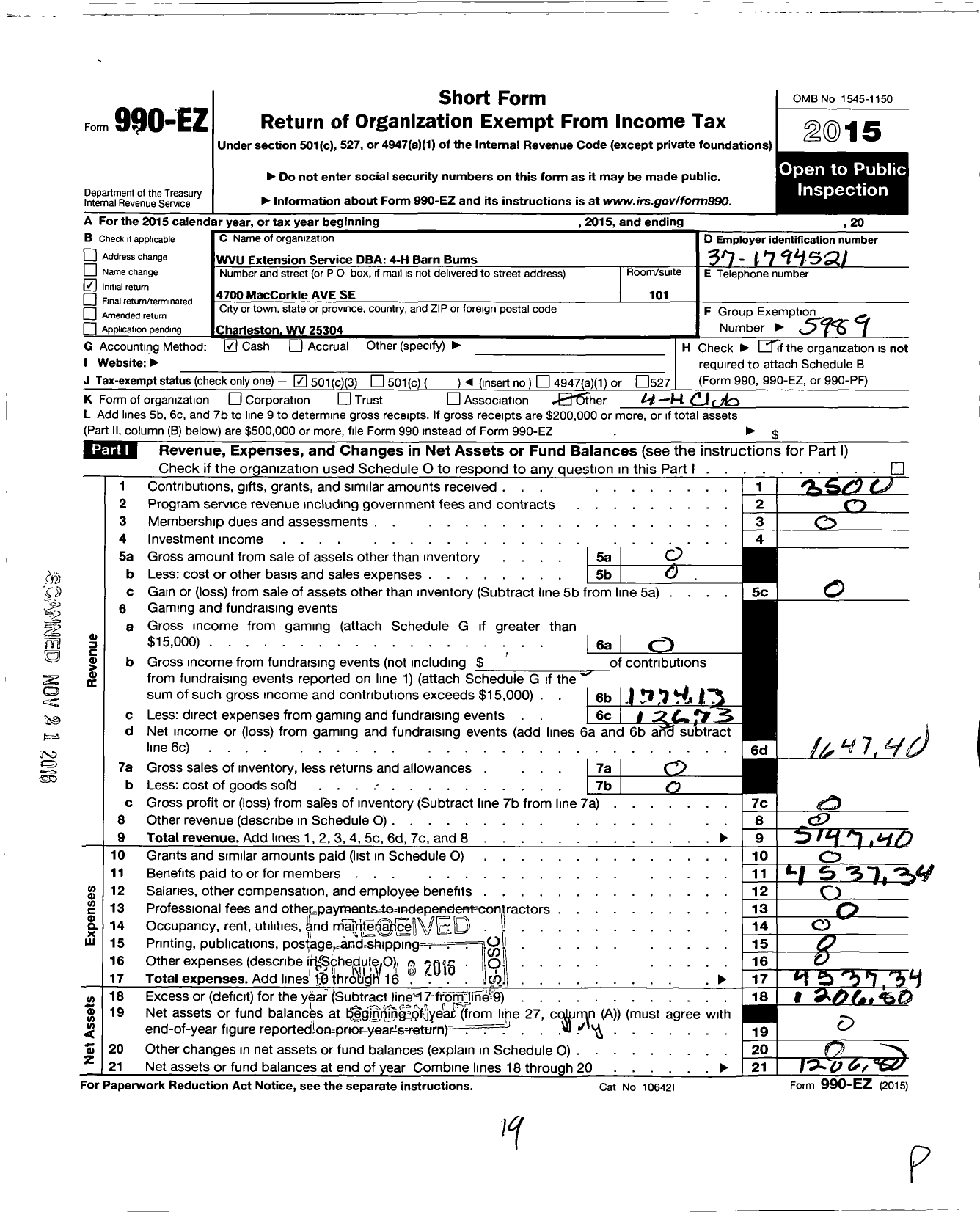 Image of first page of 2015 Form 990EZ for State of West Virginia West Virginia University / Kanawha County Barn Bums