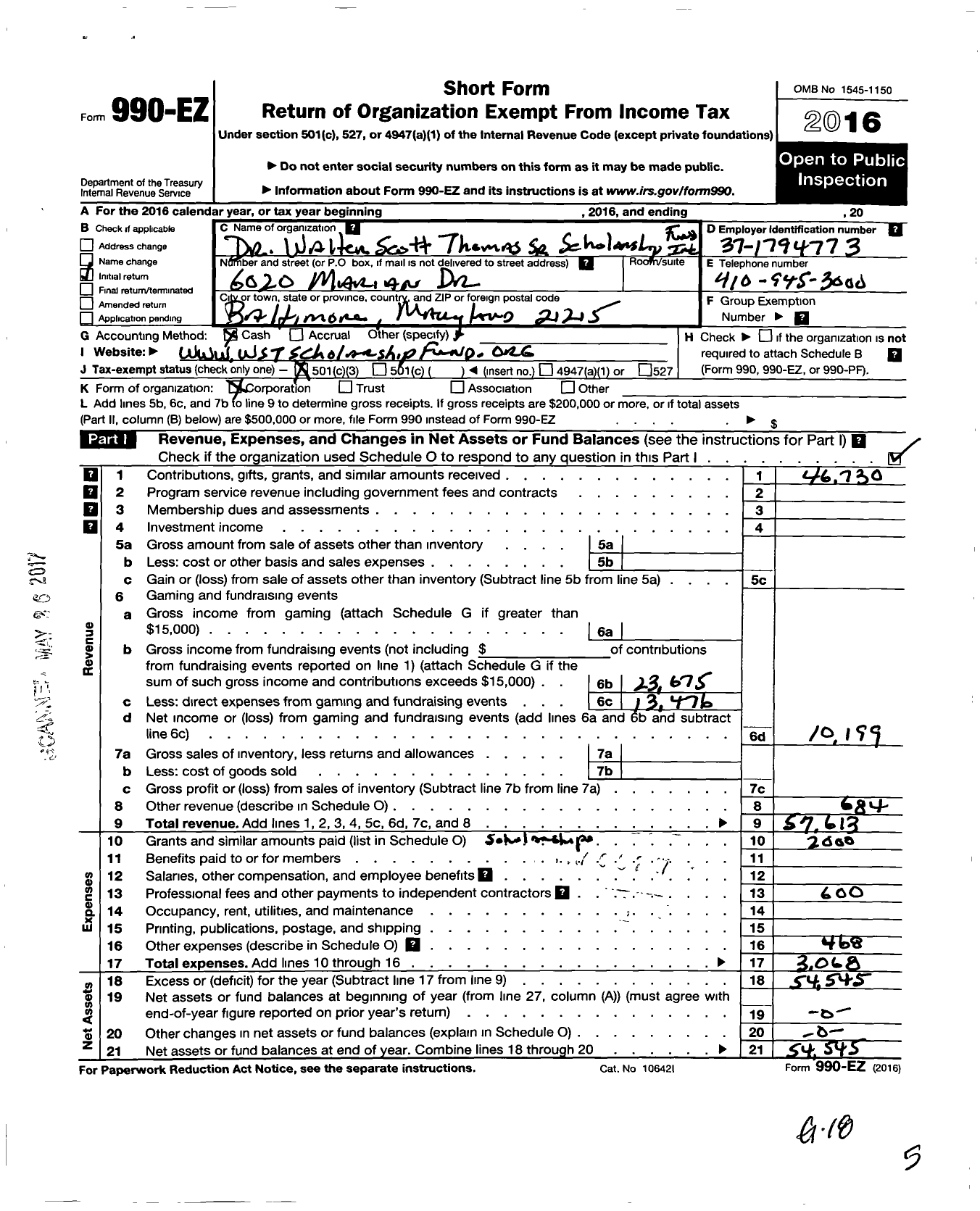 Image of first page of 2016 Form 990EZ for Dr Walter Scott Thomas SR Scholarship Fund