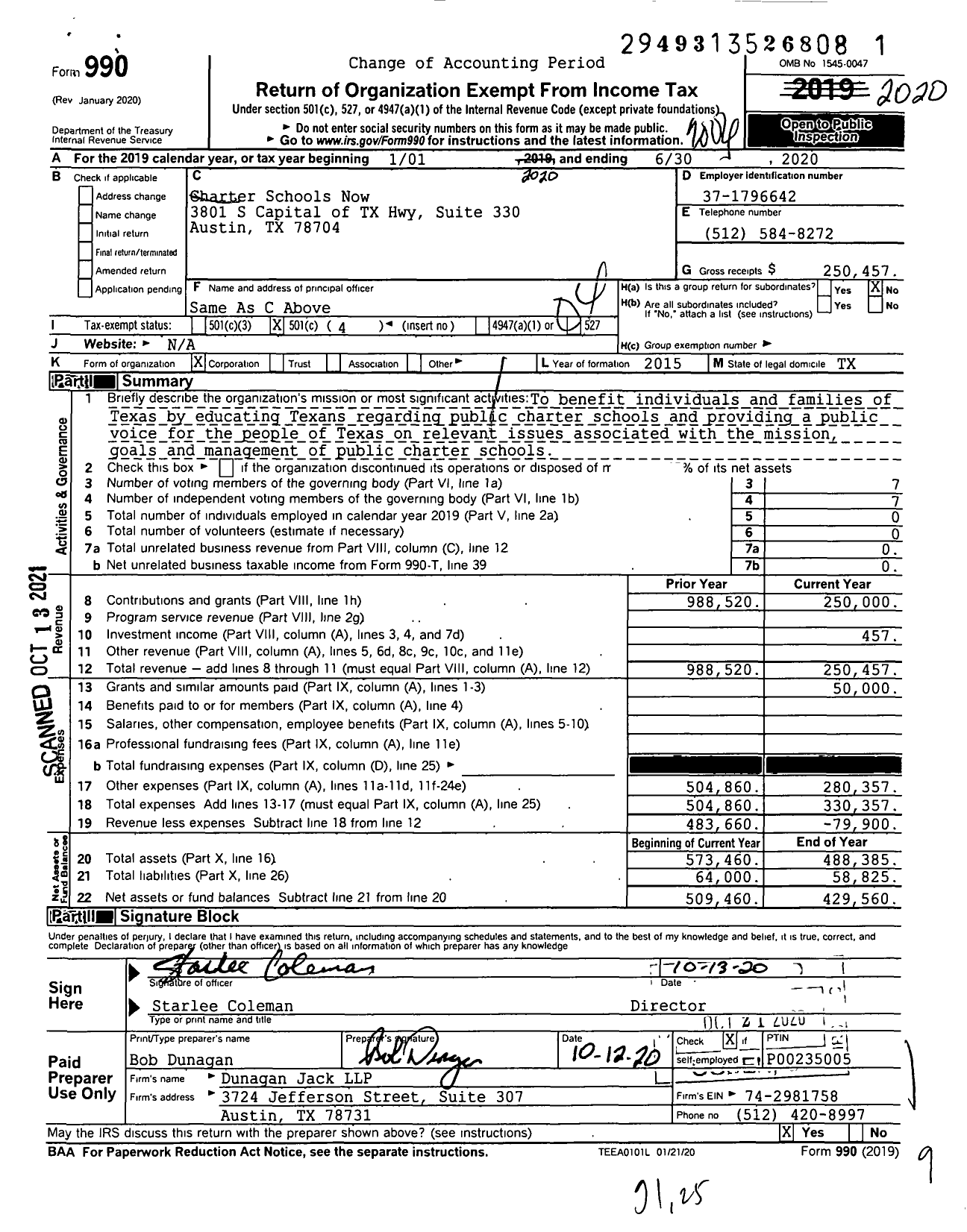 Image of first page of 2019 Form 990O for Charter Schools Now