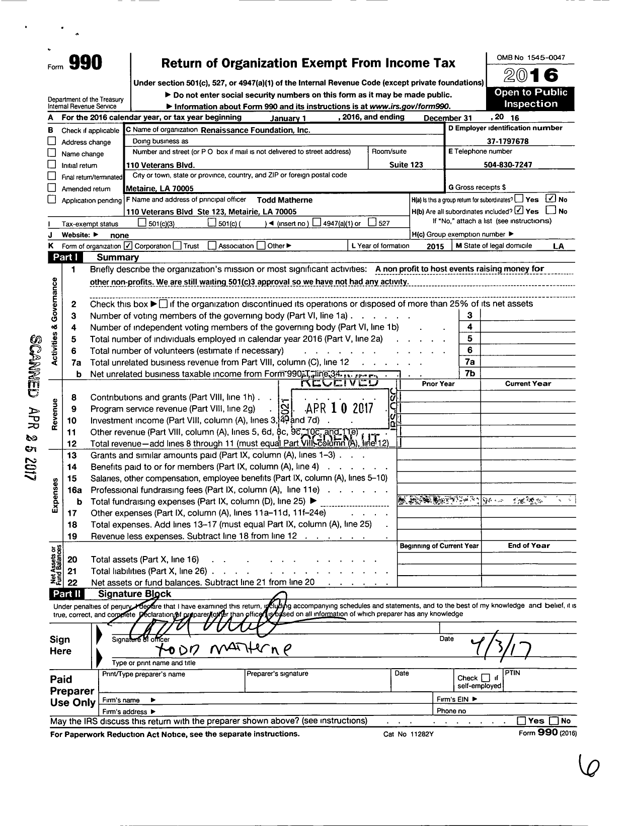 Image of first page of 2016 Form 990O for Renaissance Foundation