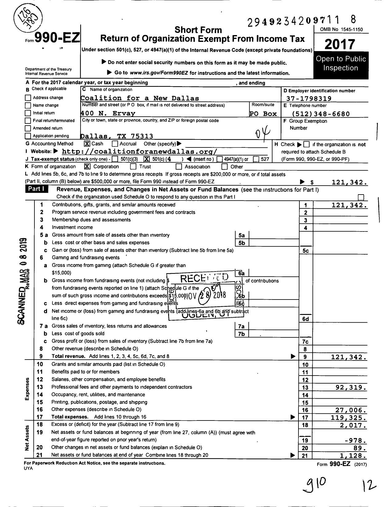 Image of first page of 2017 Form 990EO for Coalition for a New Dallas