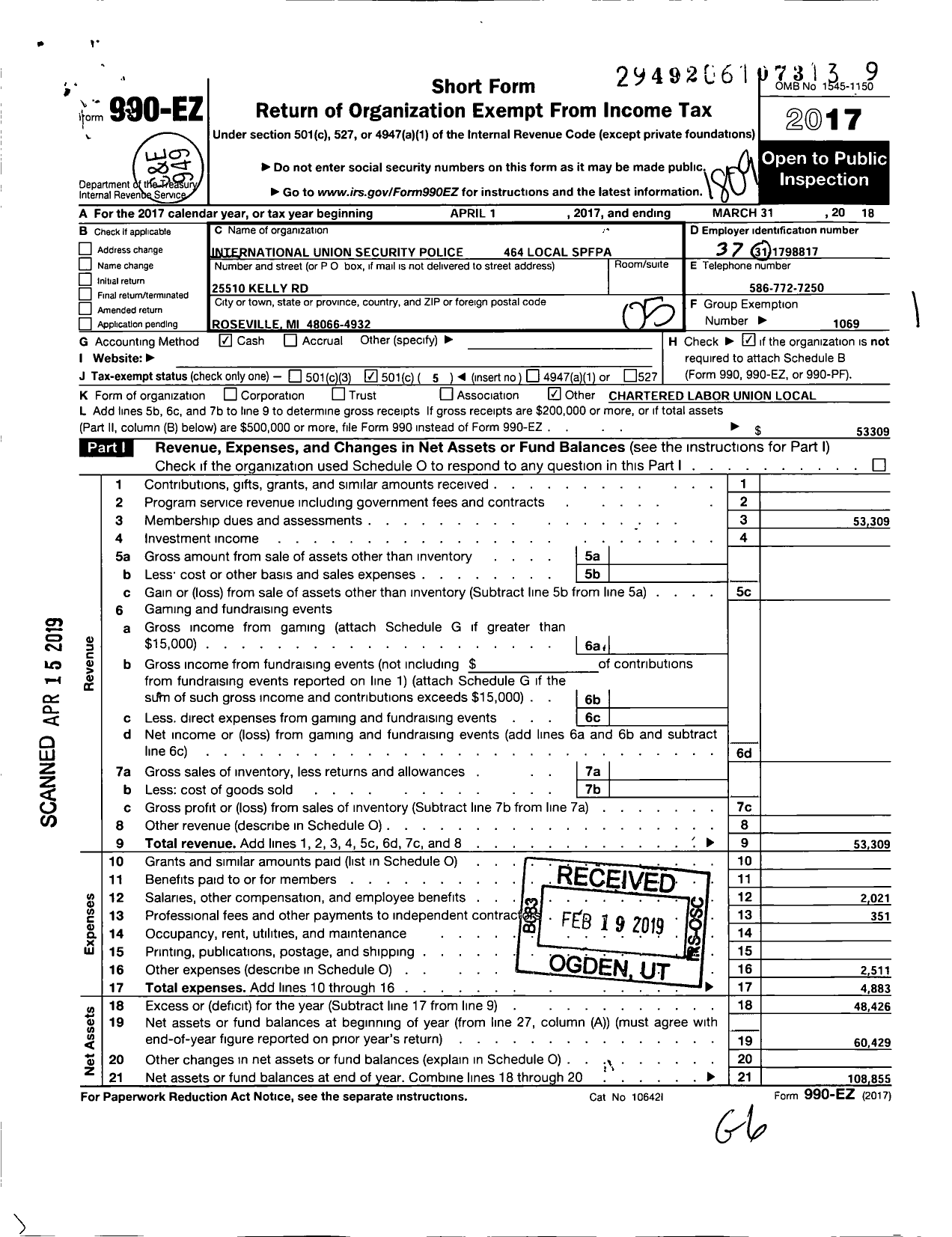 Image of first page of 2017 Form 990EO for International Union Security Police Fire Professionals of America - 464 Spfpa