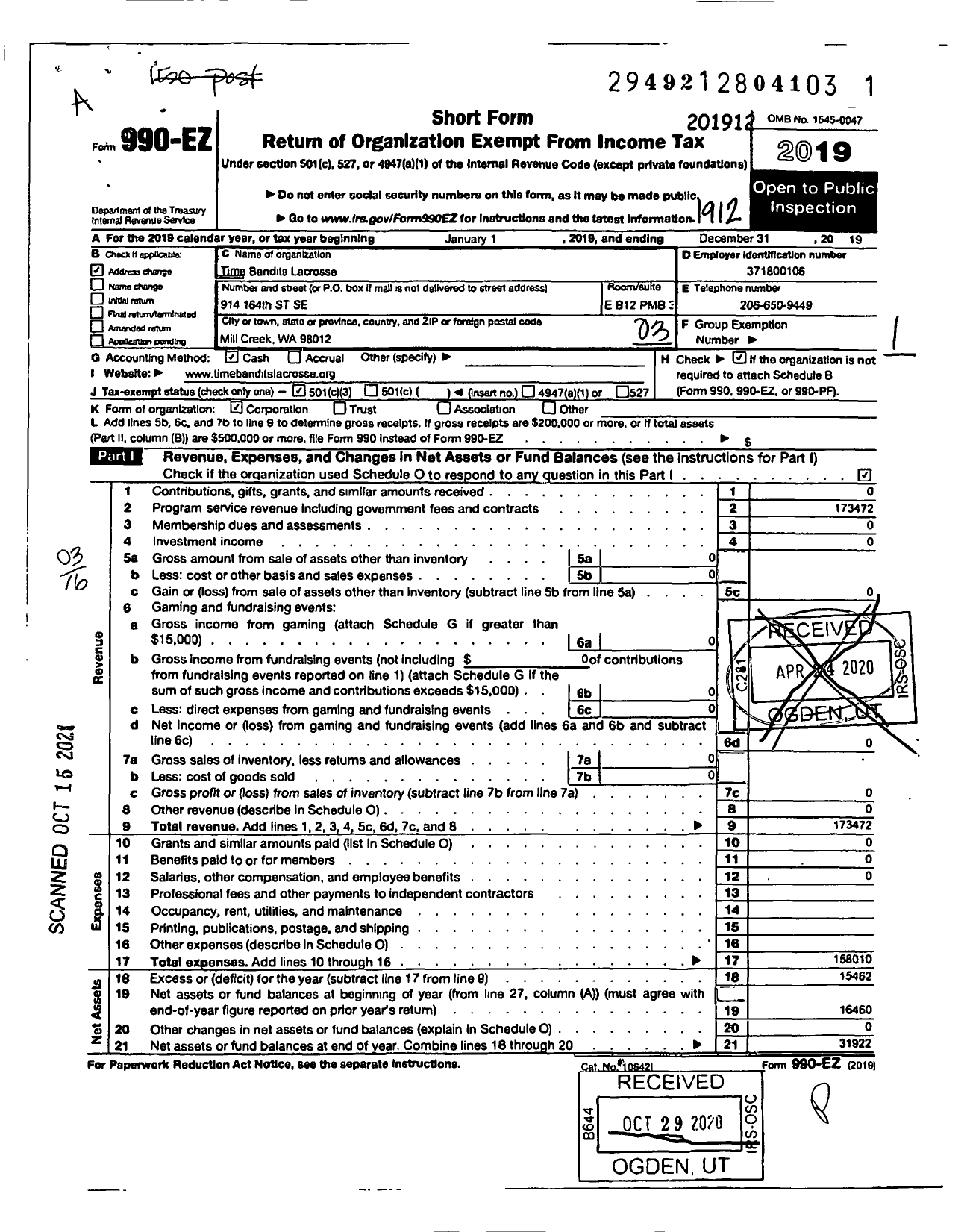 Image of first page of 2019 Form 990EZ for Time Bandits Lacrosse