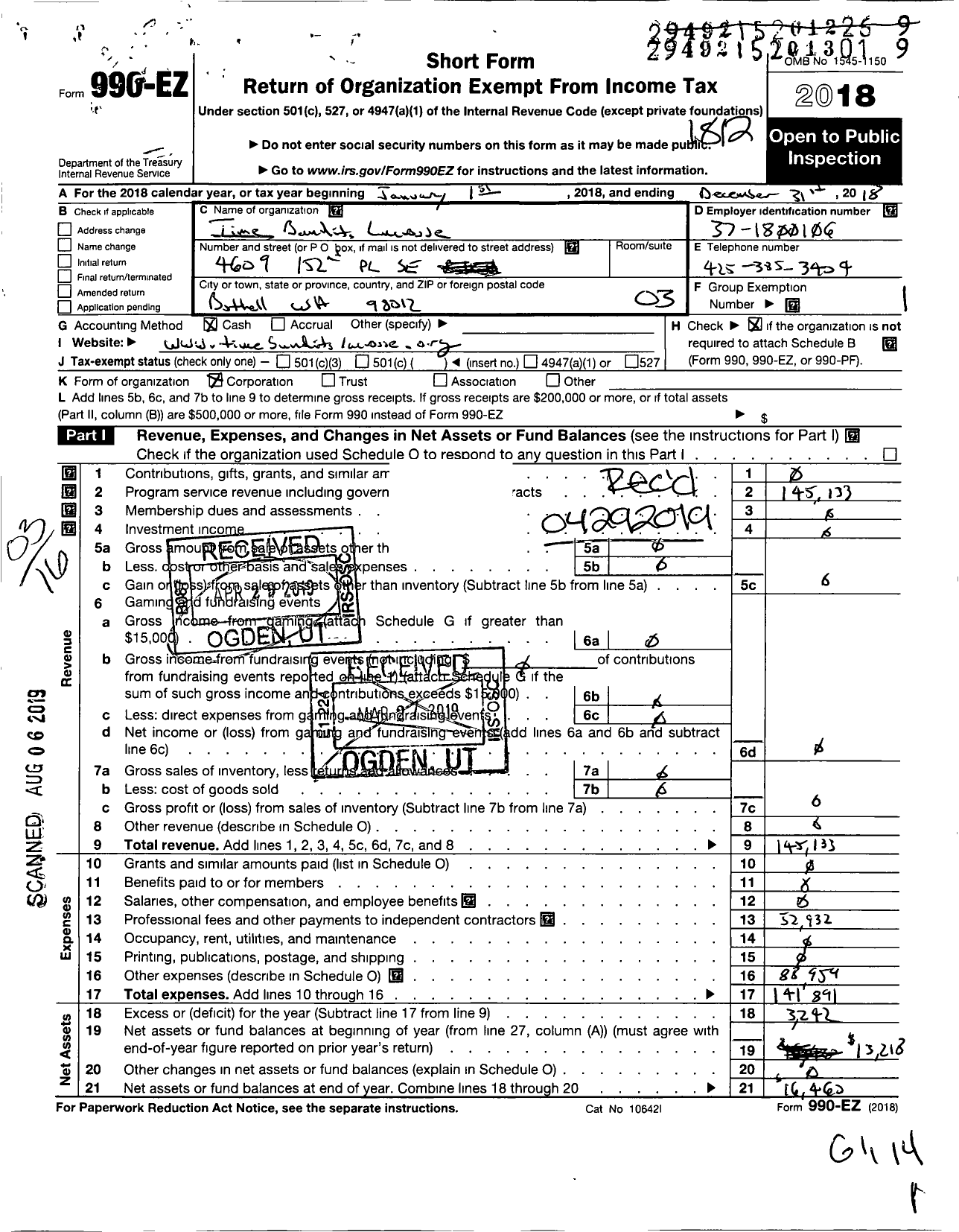 Image of first page of 2018 Form 990EZ for Time Bandits Lacrosse