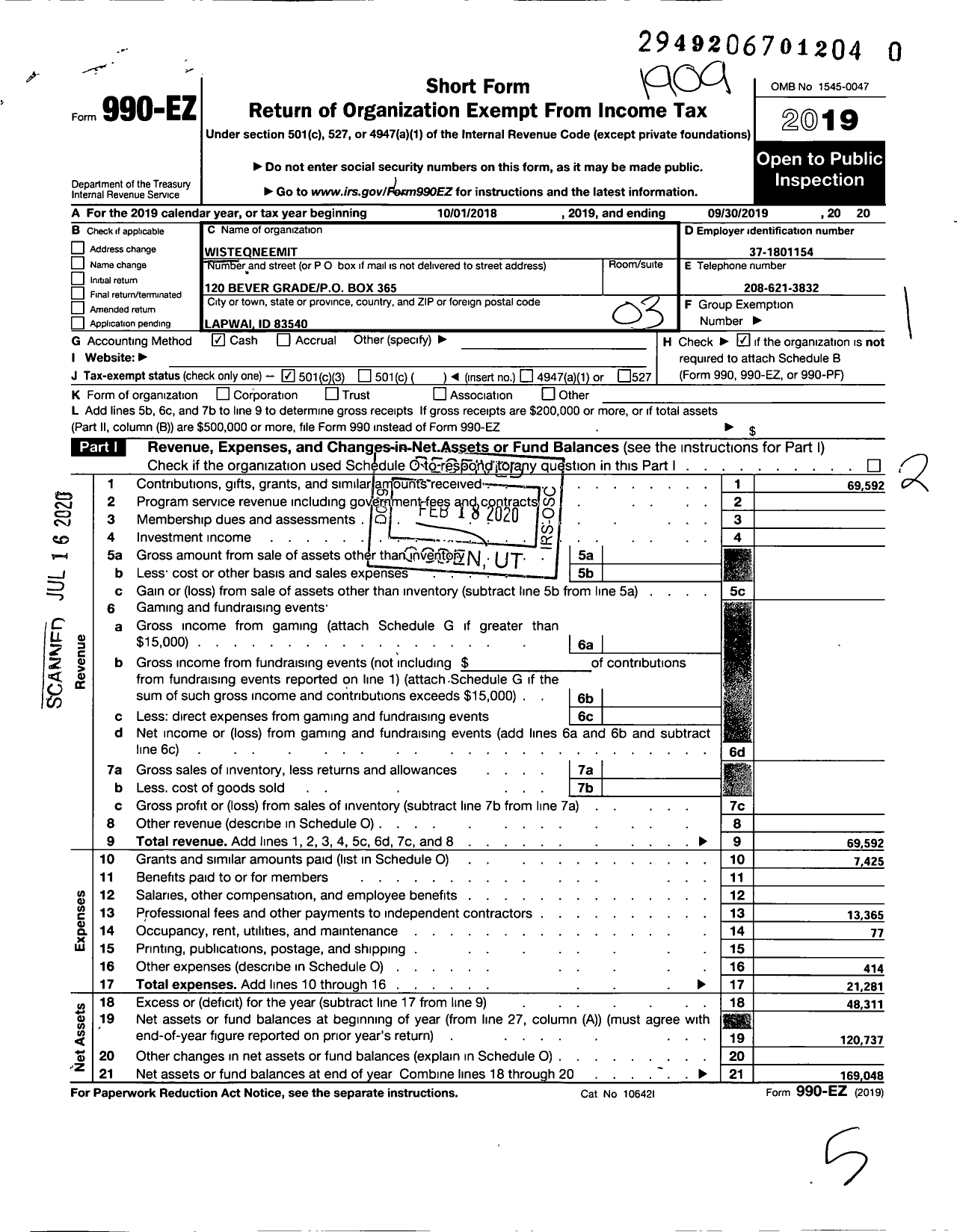 Image of first page of 2018 Form 990EZ for WISTEQNEEMIT Nez Perce Way of Giving and Sharing