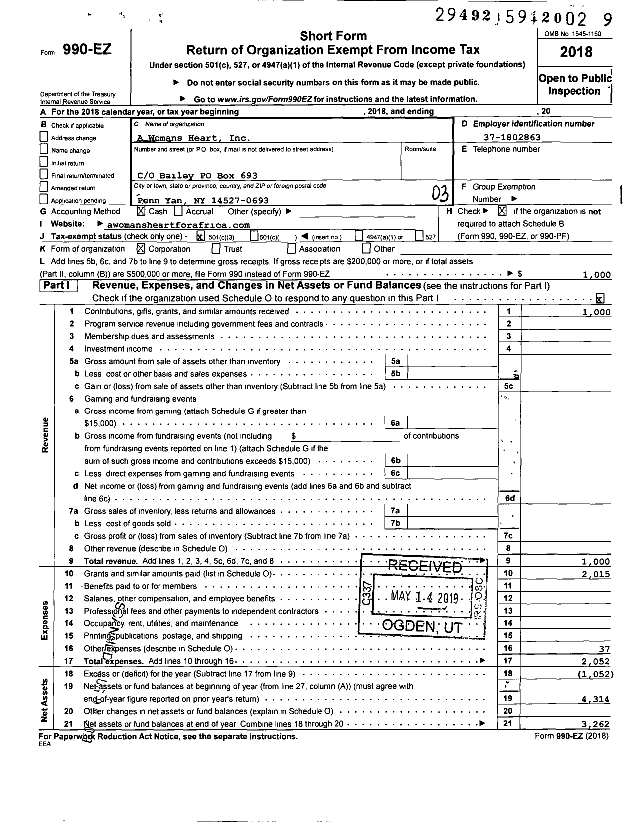 Image of first page of 2018 Form 990EZ for A Womans Heart