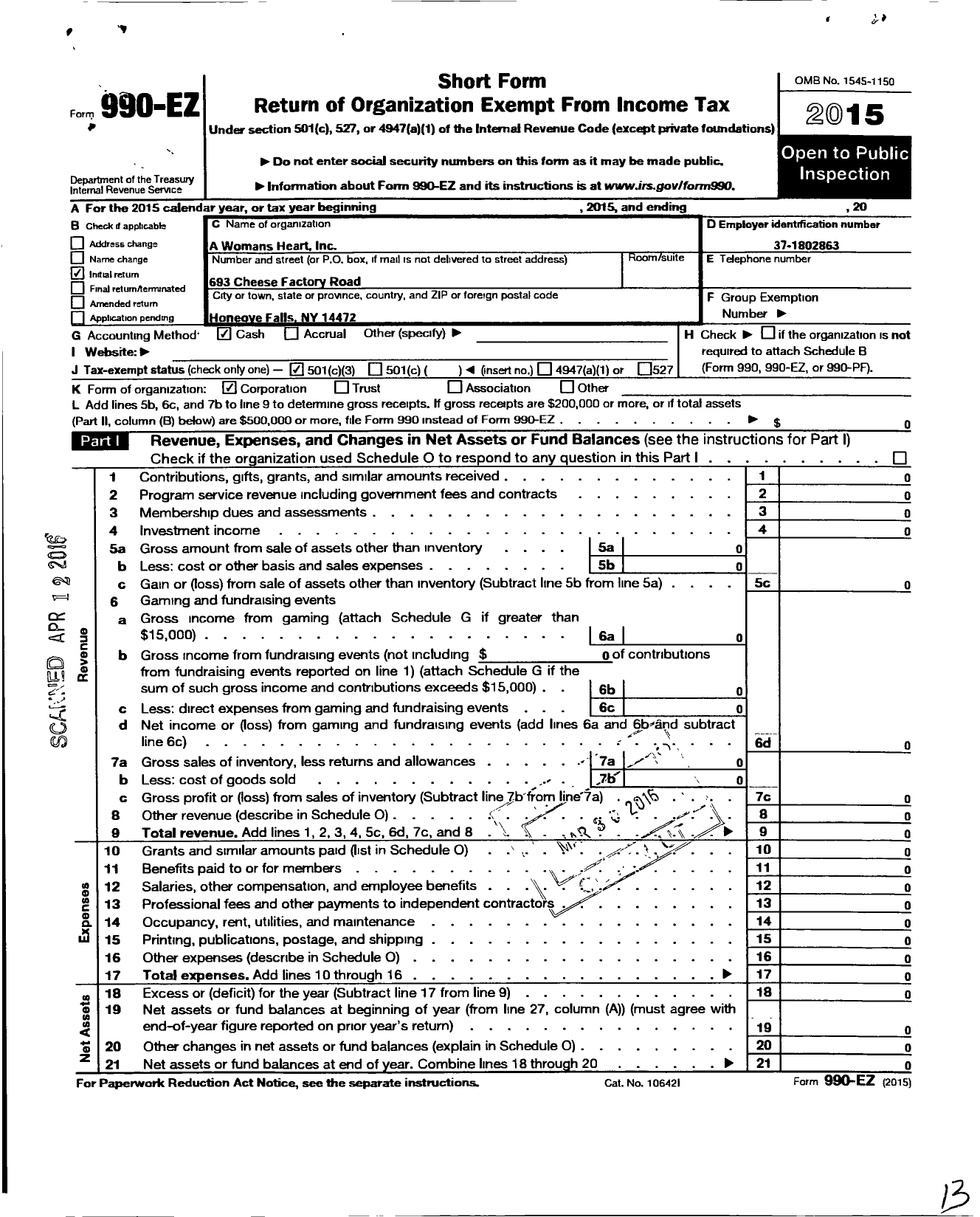 Image of first page of 2015 Form 990EZ for A Womans Heart