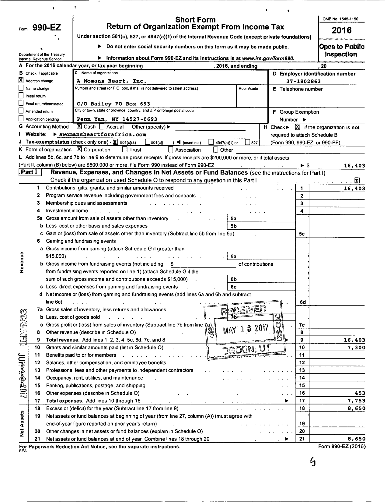 Image of first page of 2016 Form 990EZ for A Womans Heart