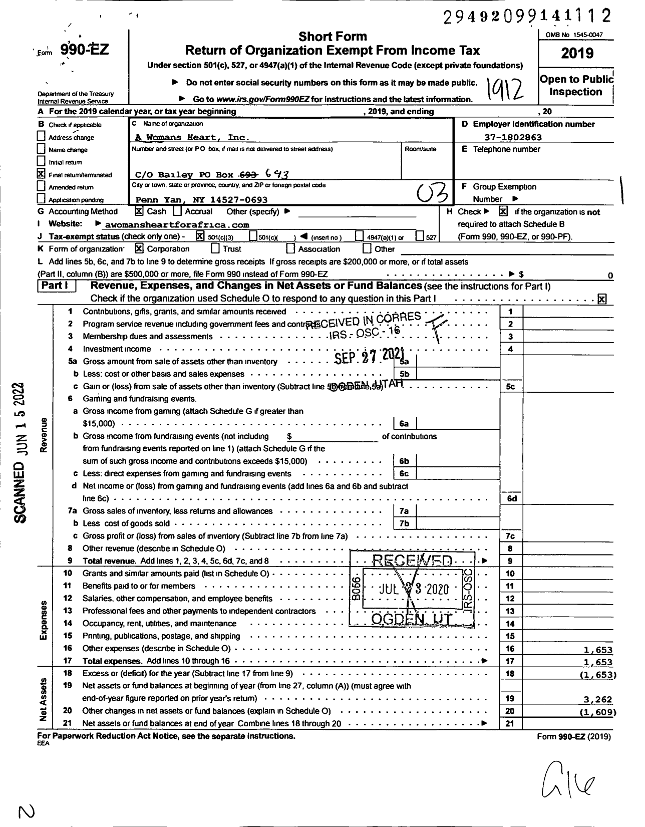 Image of first page of 2019 Form 990EZ for A Womans Heart