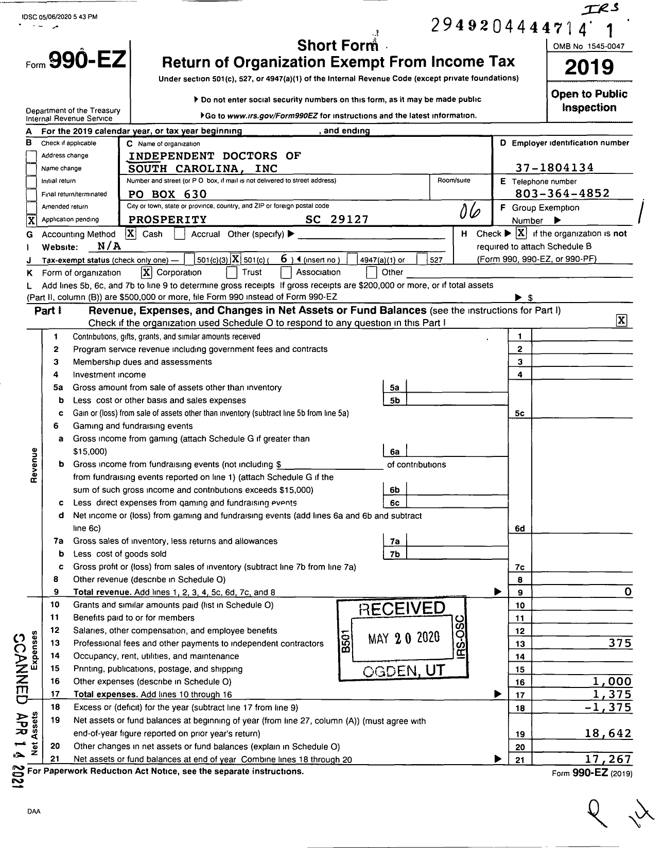 Image of first page of 2019 Form 990EO for Independent Doctors of South Carolina