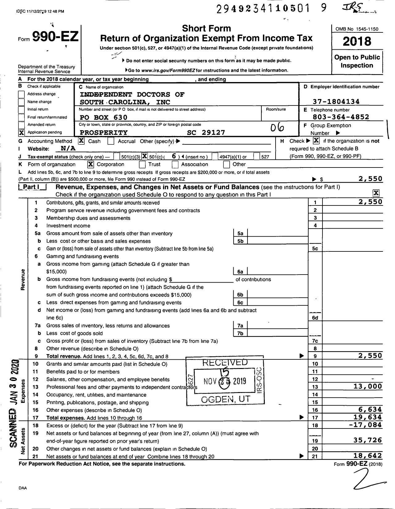 Image of first page of 2018 Form 990EO for Independent Doctors of South Carolina