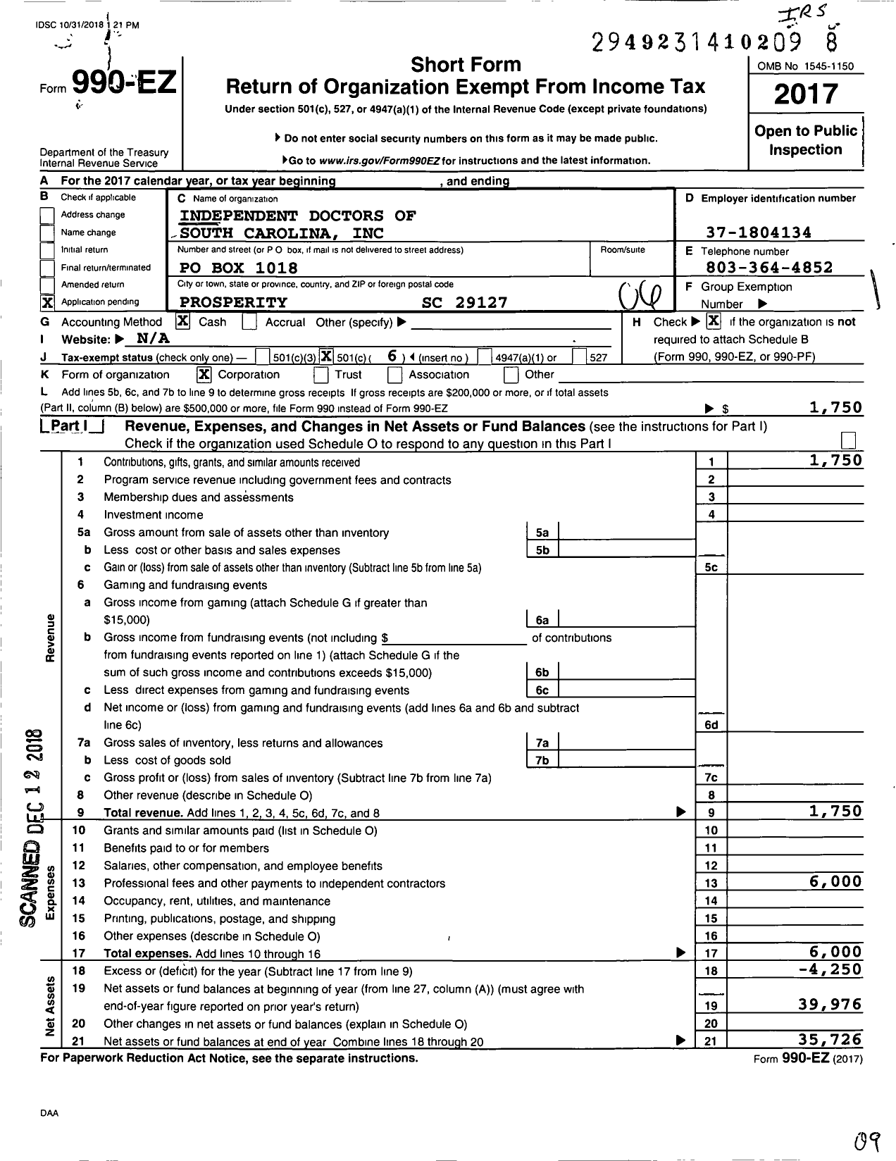 Image of first page of 2017 Form 990EO for Independent Doctors of South Carolina