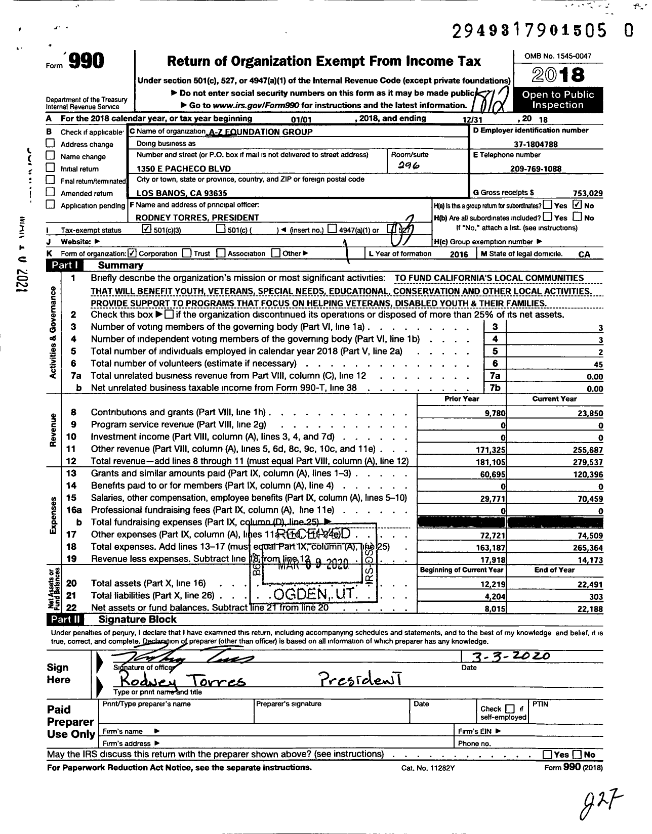 Image of first page of 2018 Form 990 for A-Z Foundation Group