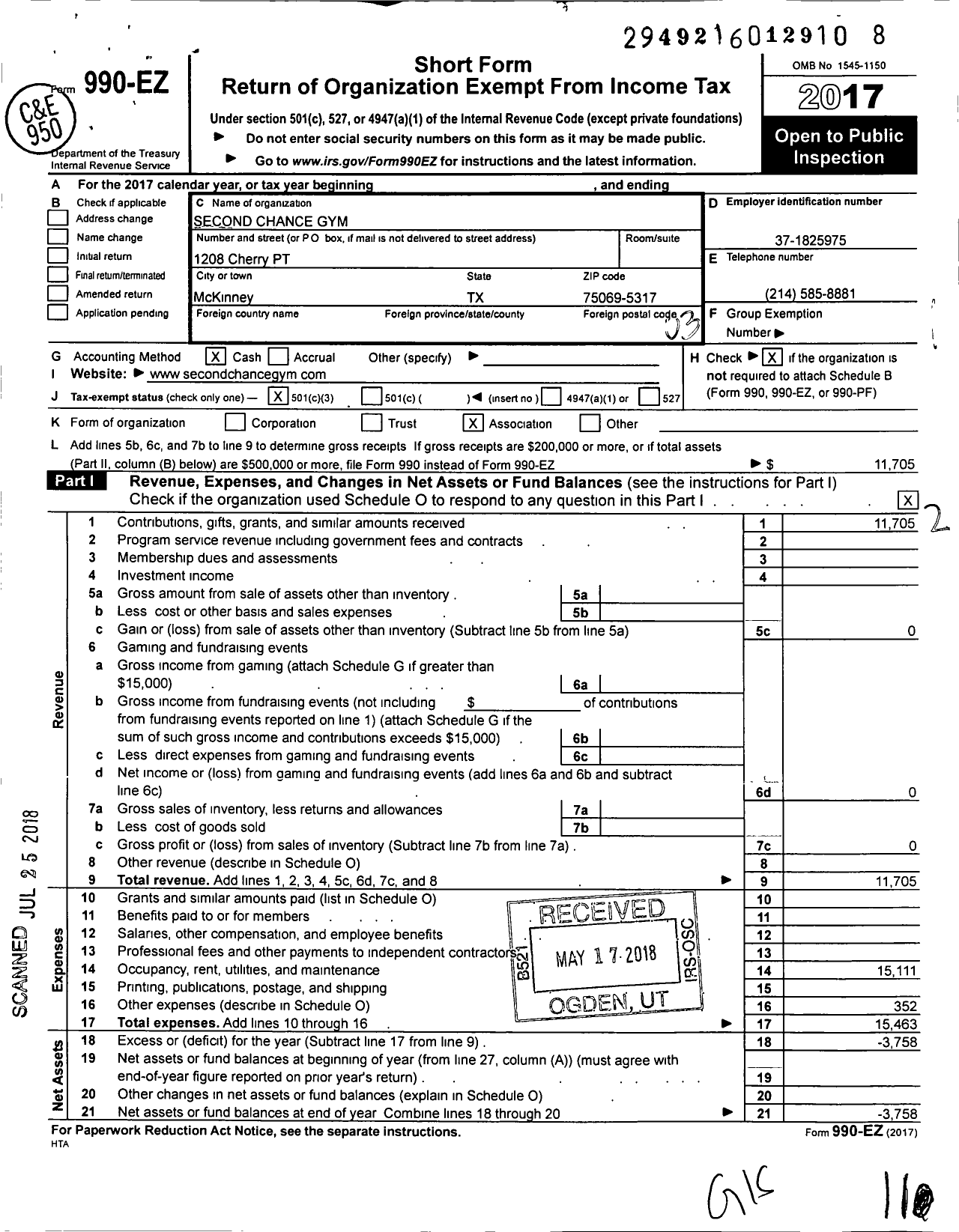 Image of first page of 2017 Form 990EZ for Second Chance Gym