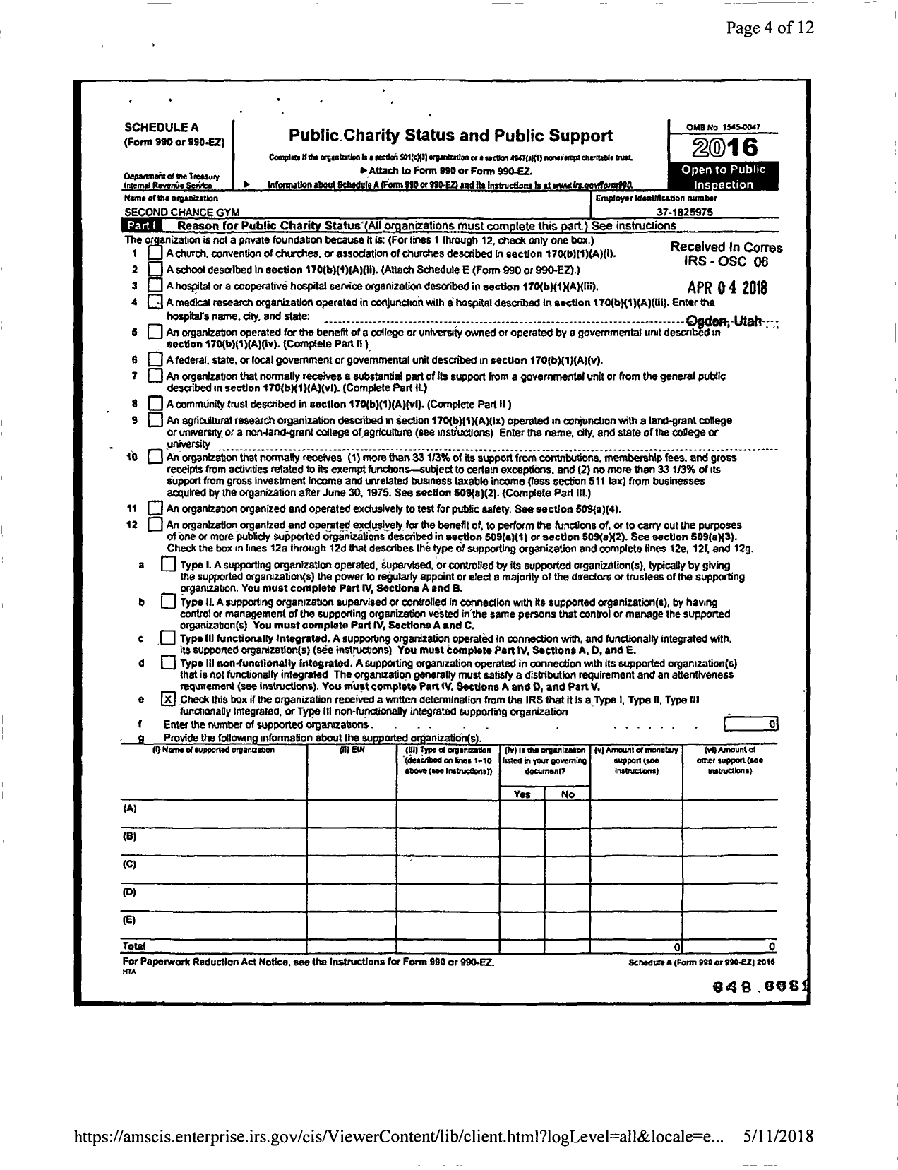 Image of first page of 2016 Form 990ER for Second Chance Gym