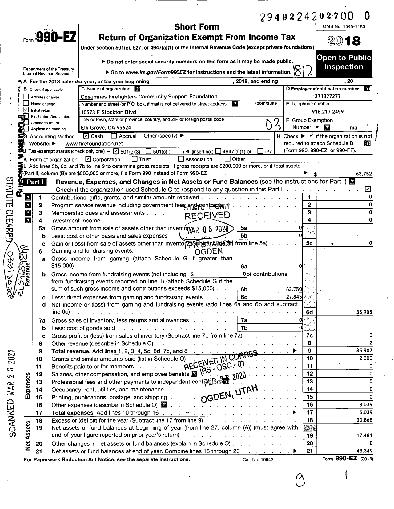 Image of first page of 2018 Form 990EZ for Cosumnes Firefighters Community Support Foundation