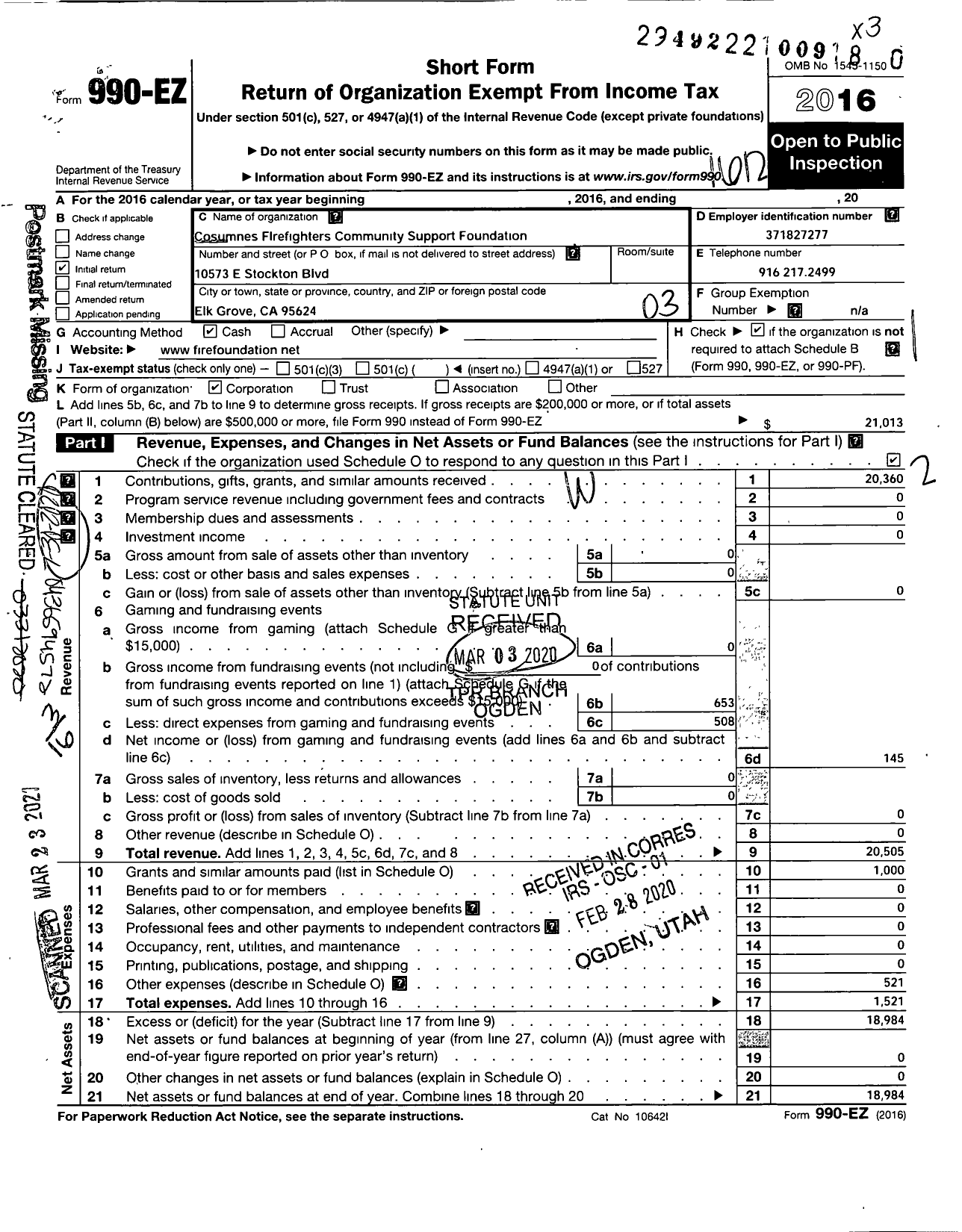 Image of first page of 2016 Form 990EZ for Cosumnes Firefighters Community Support Foundation