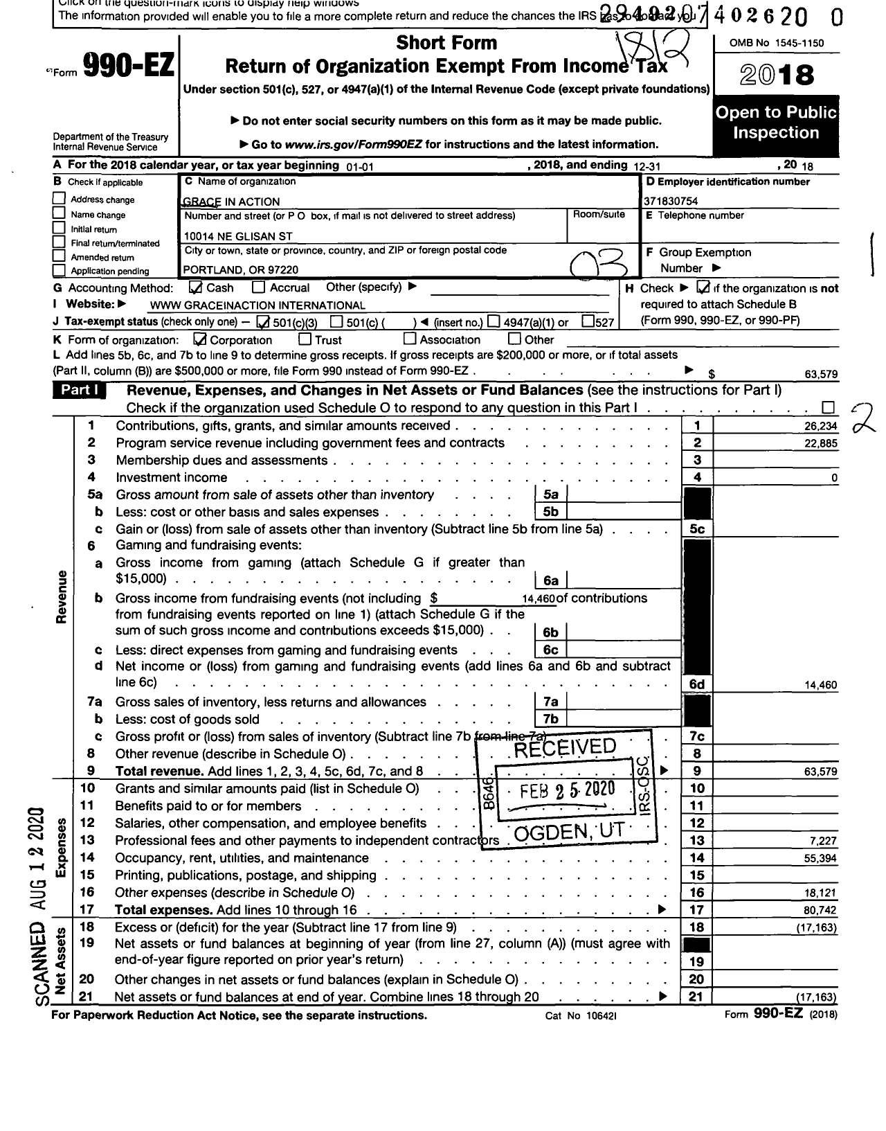 Image of first page of 2018 Form 990EZ for Grace in Action