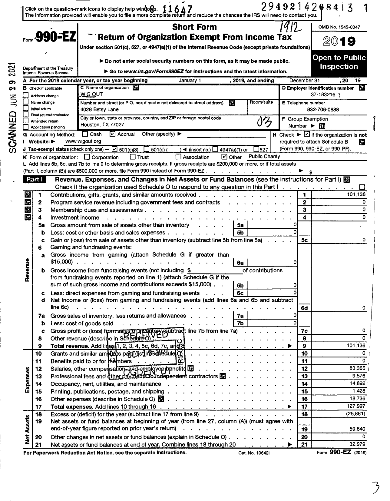 Image of first page of 2019 Form 990EZ for Wig Out