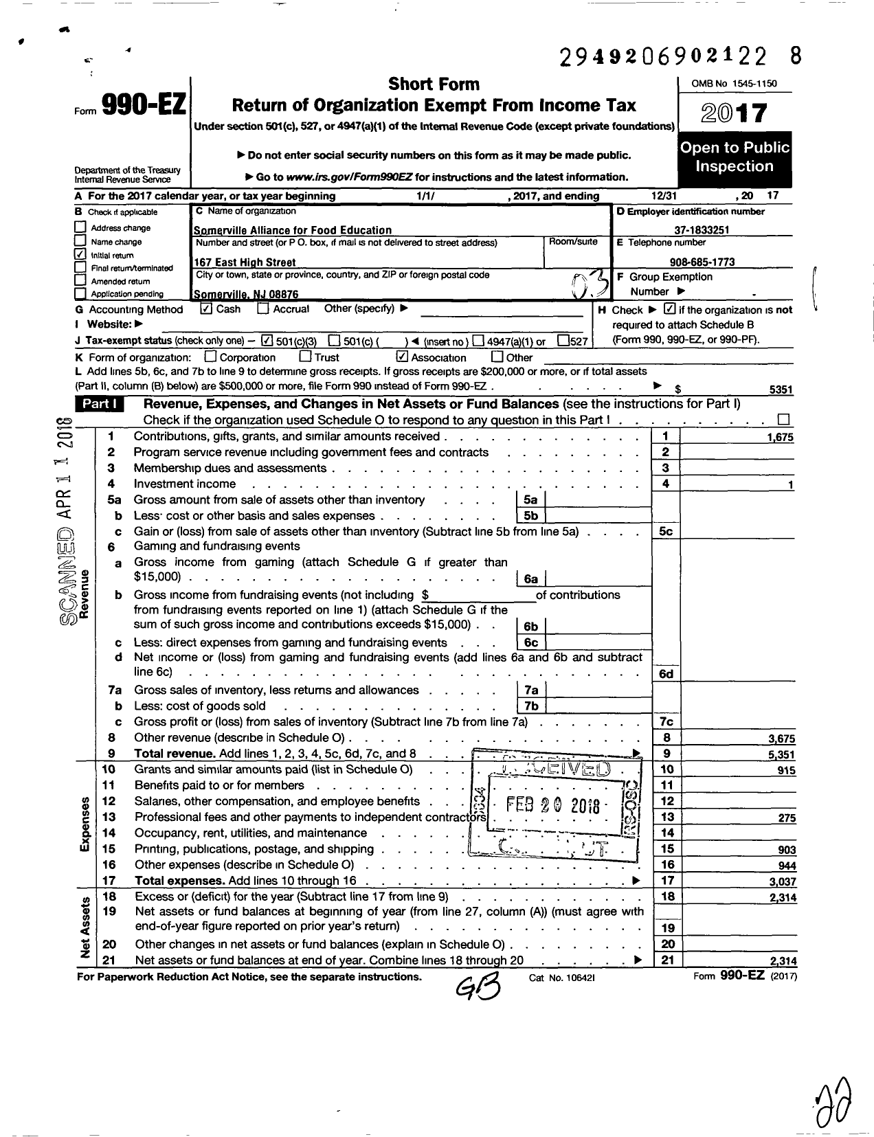 Image of first page of 2017 Form 990EZ for Somerville Alliance for Food Education (SAFE)