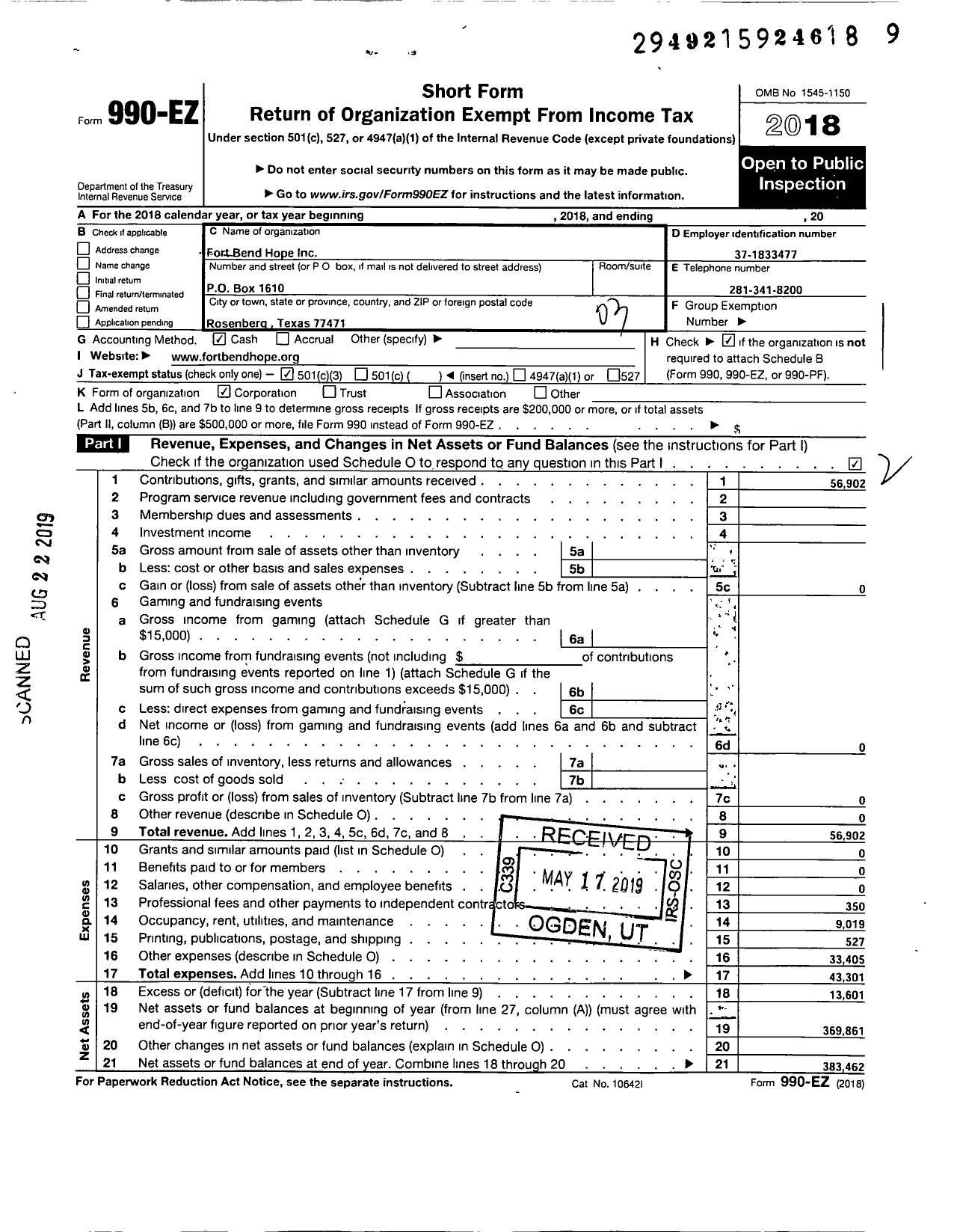 Image of first page of 2018 Form 990EZ for Fort Bend Hope