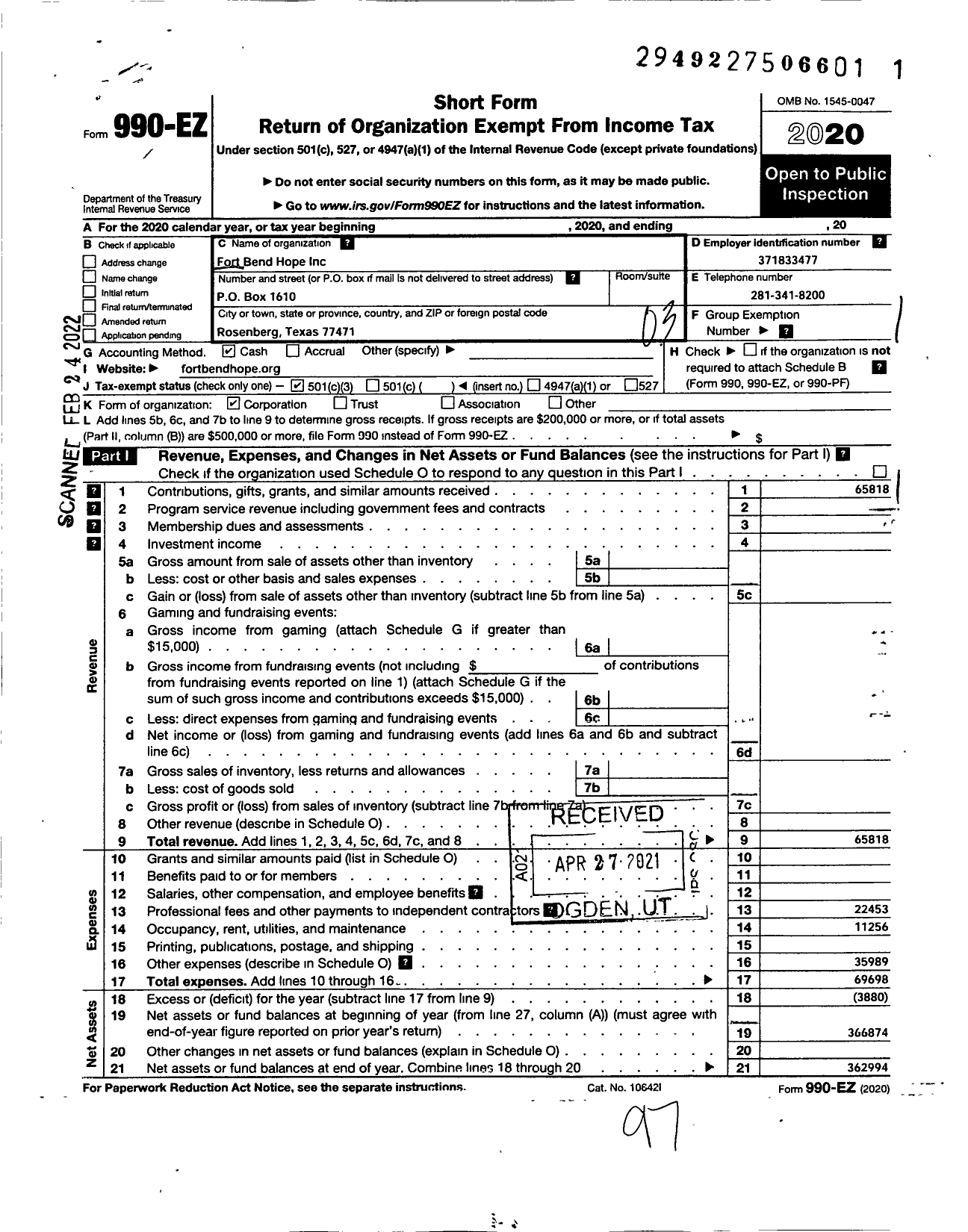 Image of first page of 2020 Form 990EZ for Fort Bend Hope