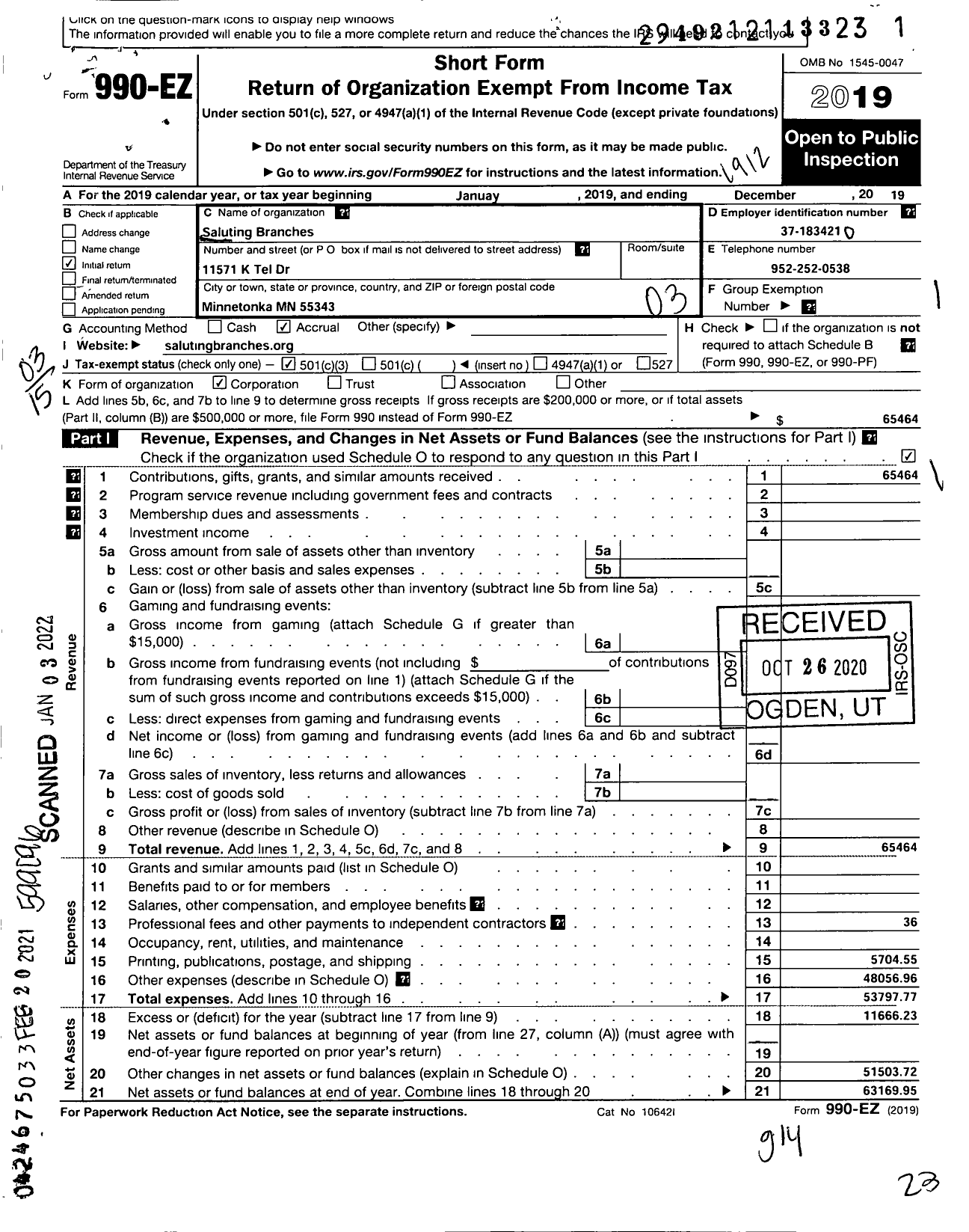 Image of first page of 2019 Form 990EZ for Saluting Branches