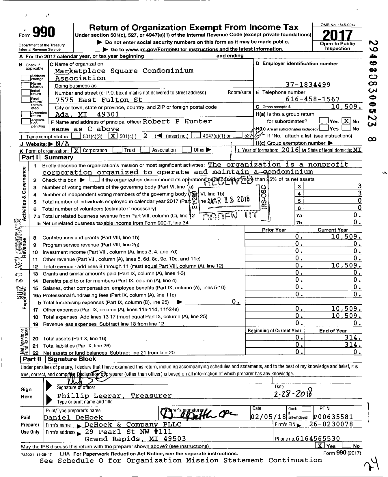 Image of first page of 2017 Form 990O for Marketplace Square Condominium Association