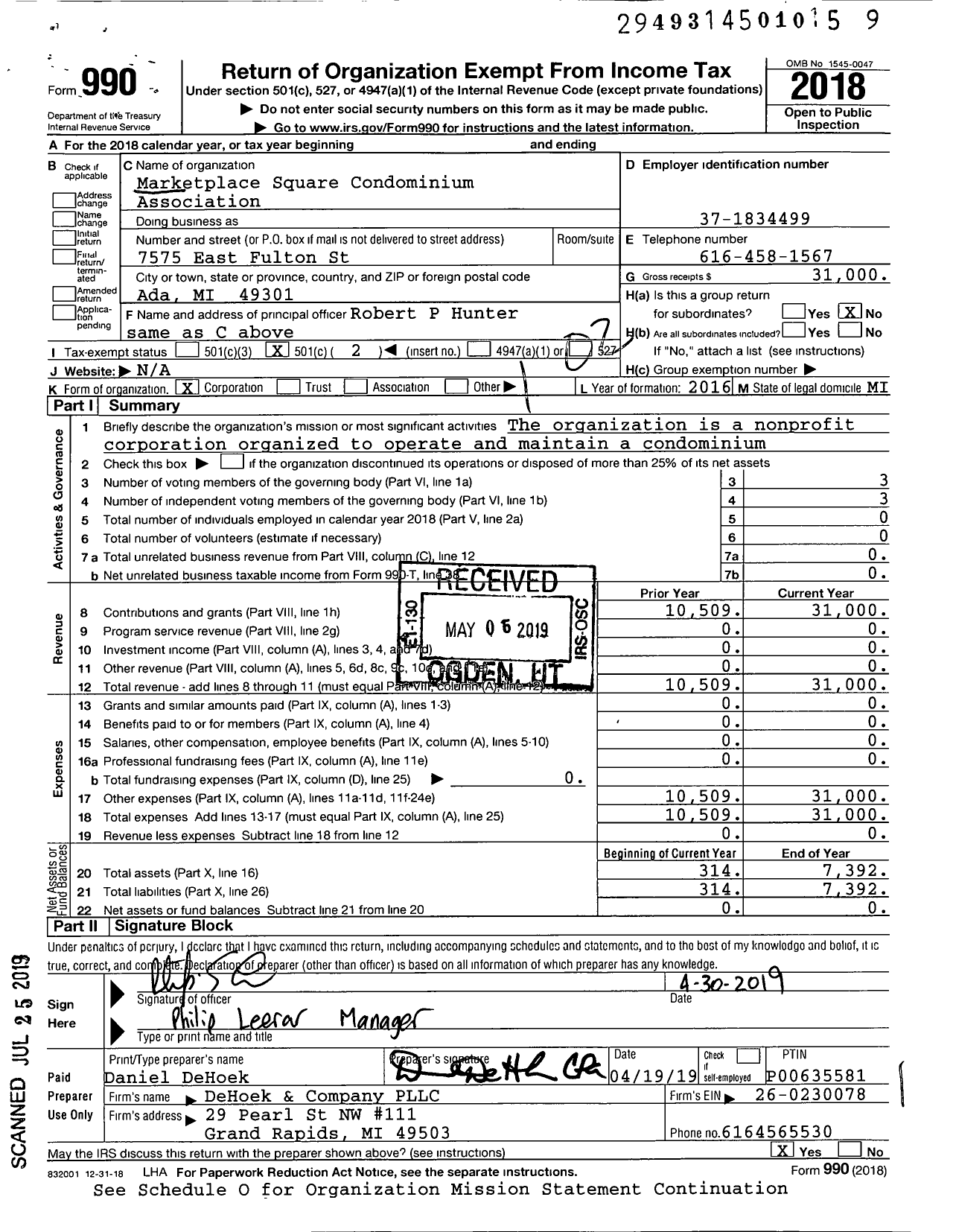 Image of first page of 2018 Form 990O for Marketplace Square Condominium Association