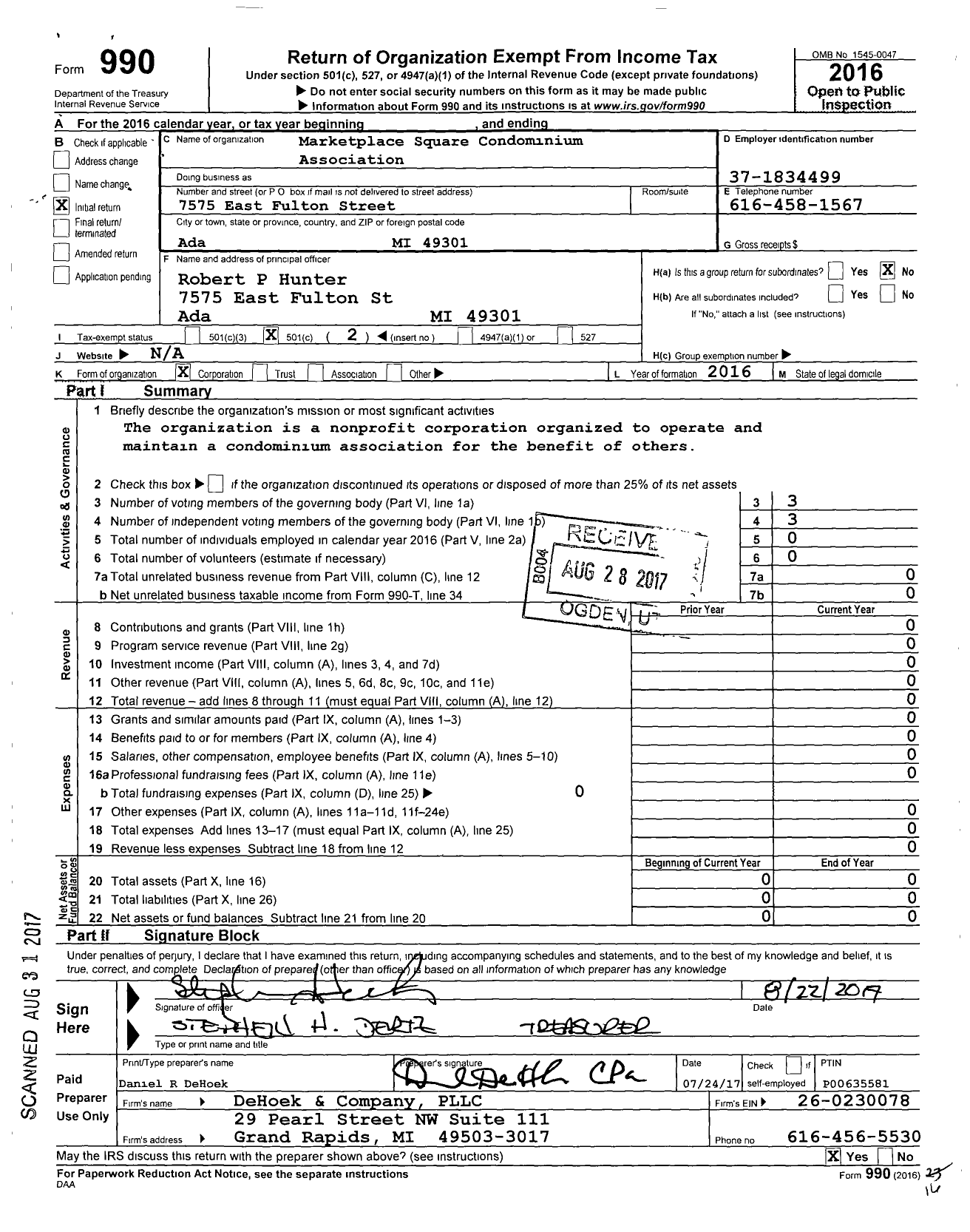 Image of first page of 2016 Form 990O for Marketplace Square Condominium Association