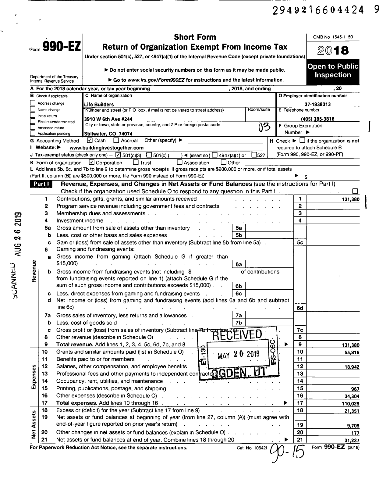 Image of first page of 2018 Form 990EZ for Life Builders