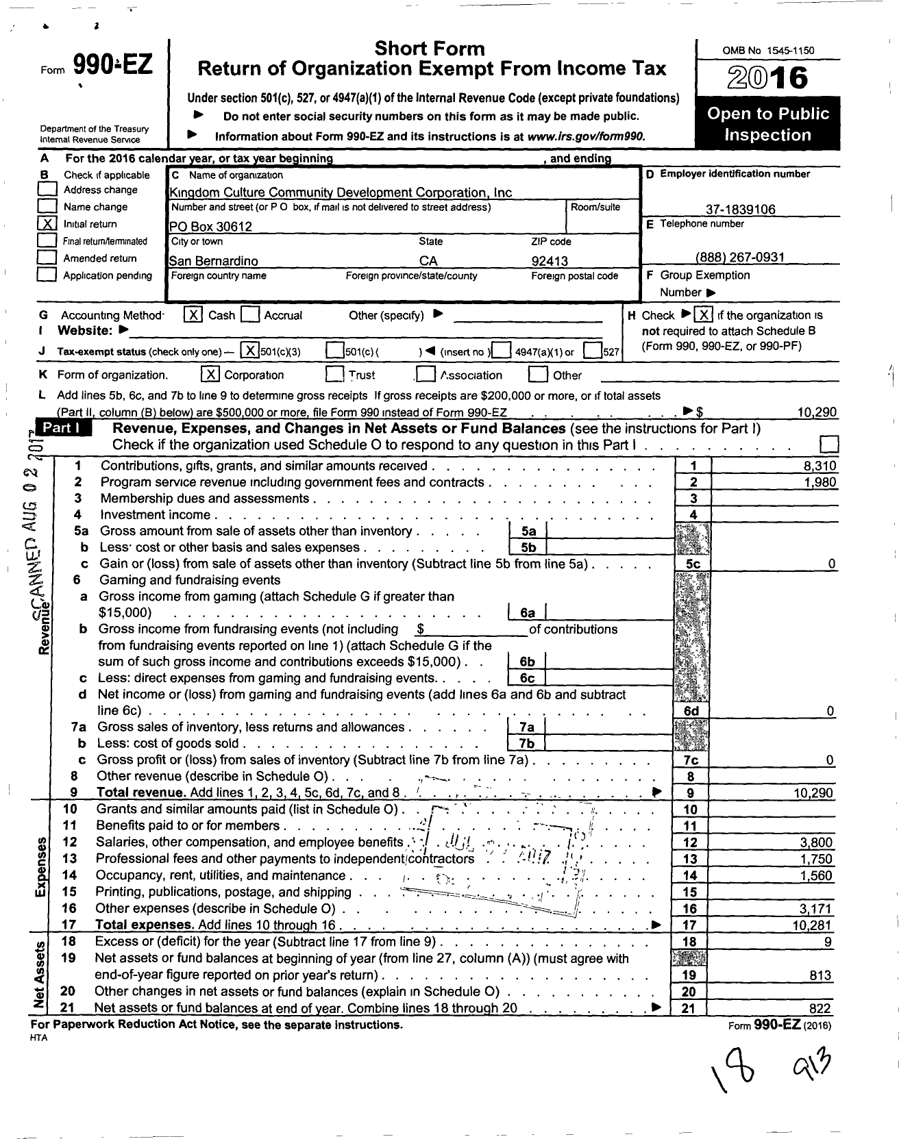 Image of first page of 2016 Form 990EZ for Kingdom Culture Community Development