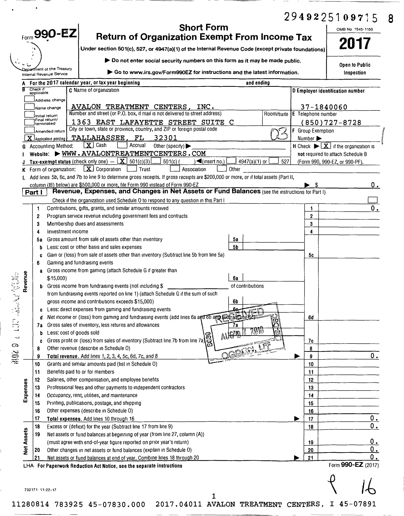 Image of first page of 2017 Form 990EZ for Avalon Treatment Centers