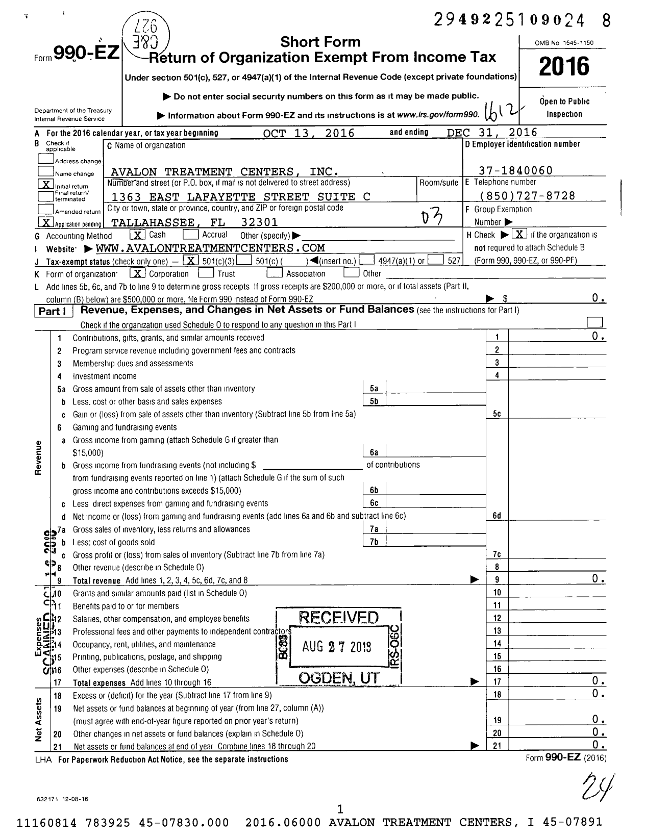 Image of first page of 2016 Form 990EZ for Avalon Treatment Centers