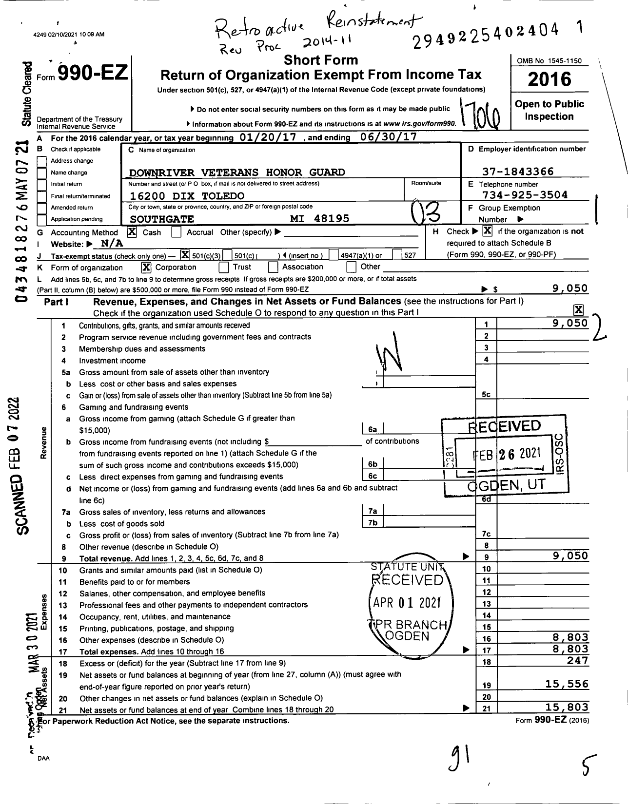 Image of first page of 2016 Form 990EZ for Downriver Veterans Honor Guard