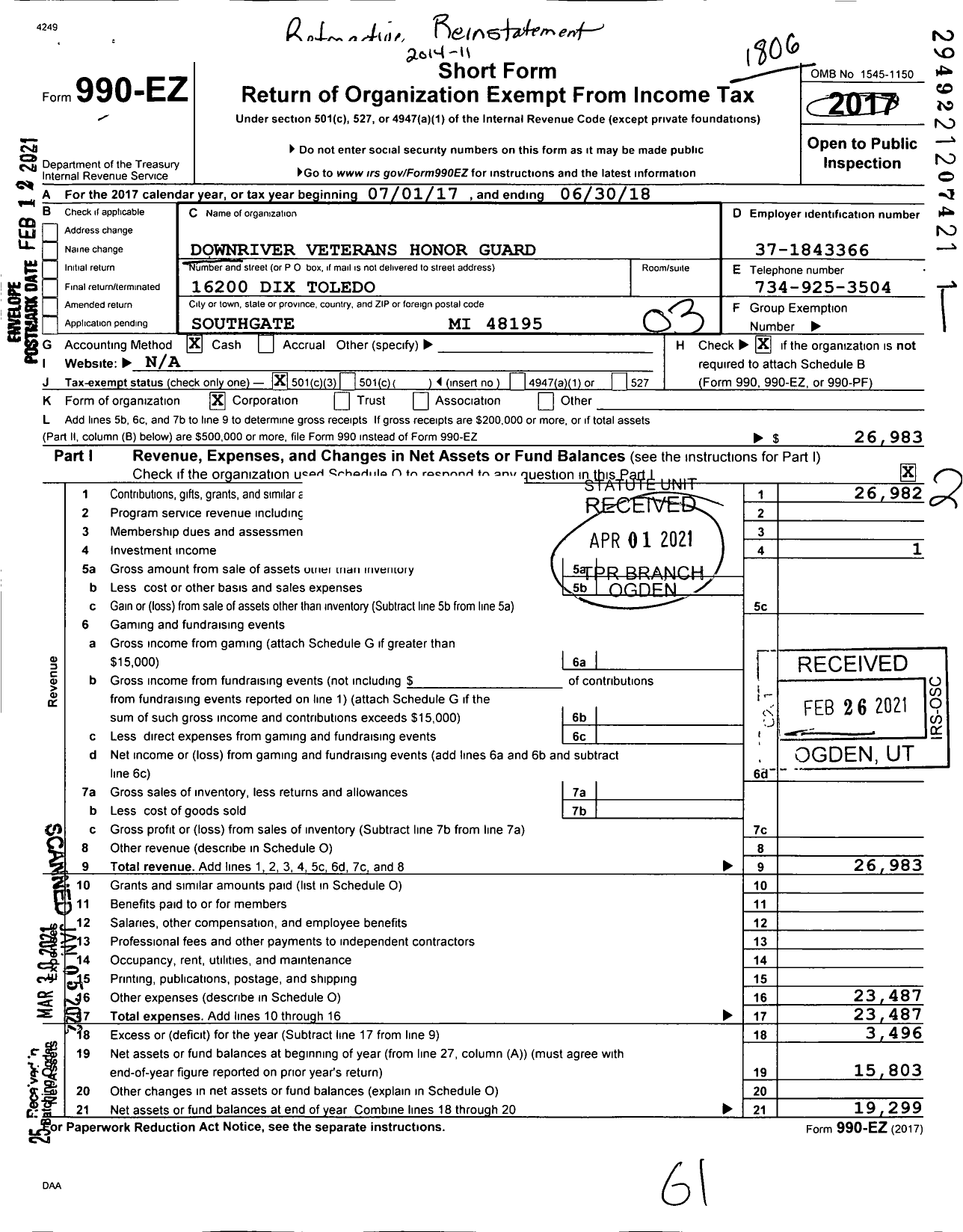 Image of first page of 2017 Form 990EZ for Downriver Veterans Honor Guard