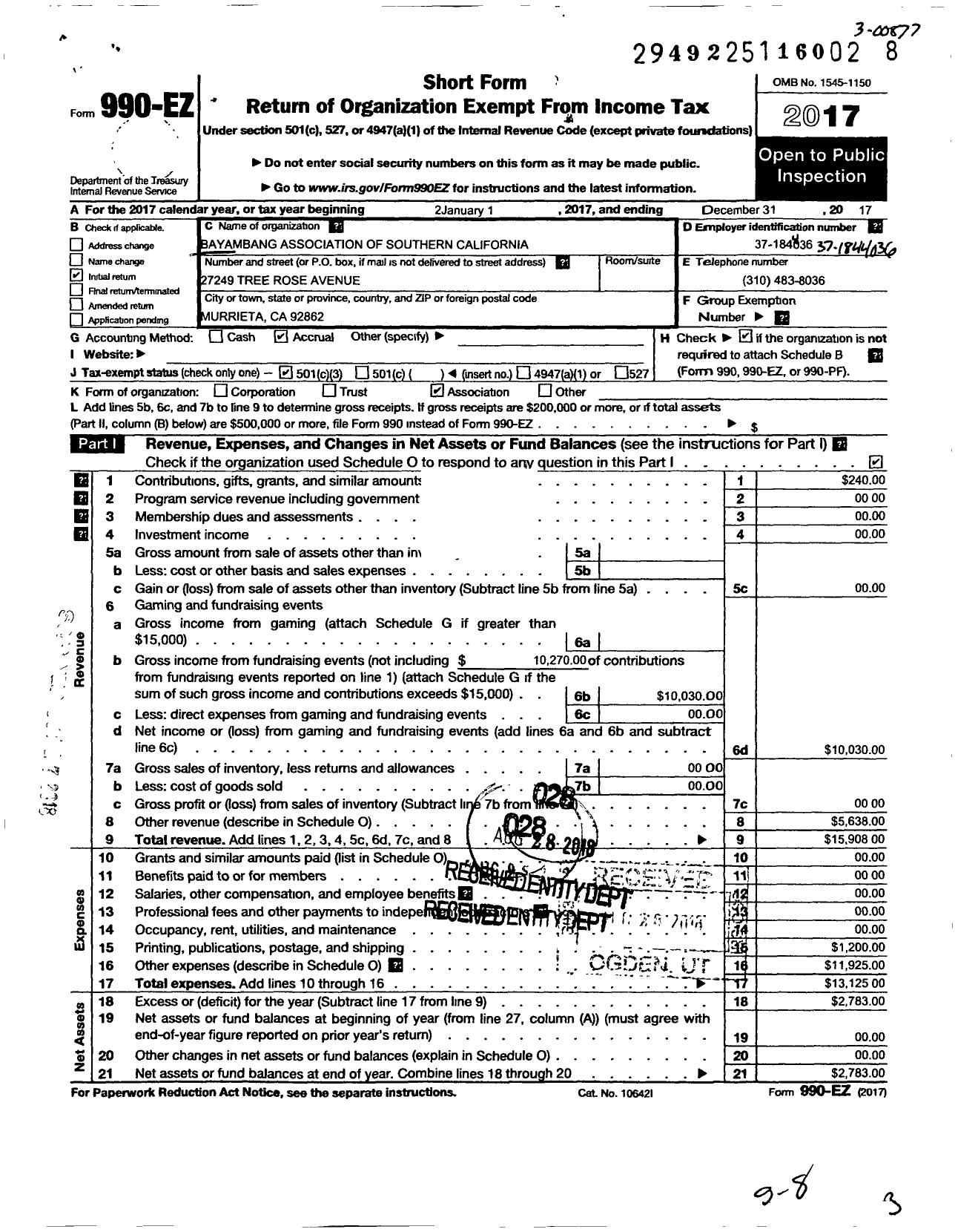 Image of first page of 2017 Form 990EZ for Bayambang Association of Southern California