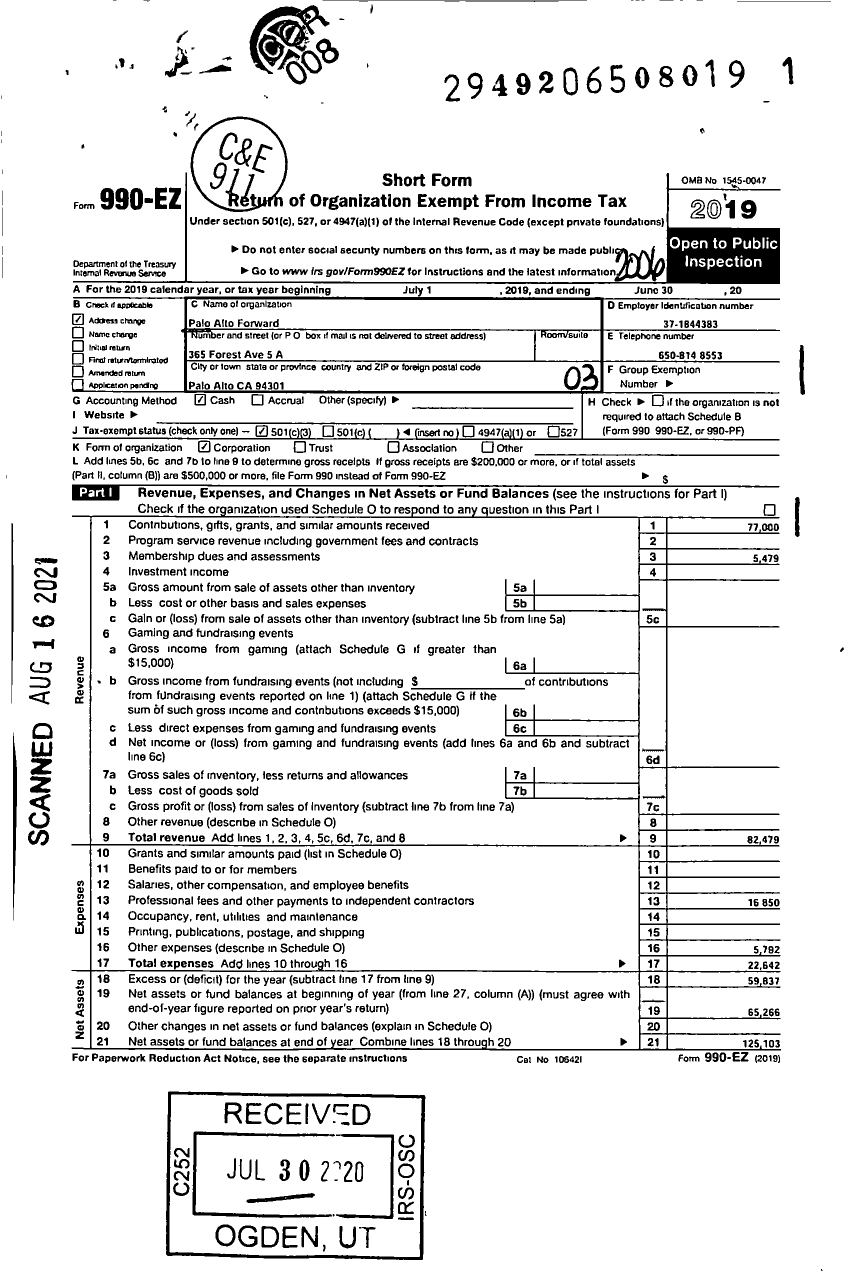 Image of first page of 2019 Form 990EZ for Palo Alto Forward