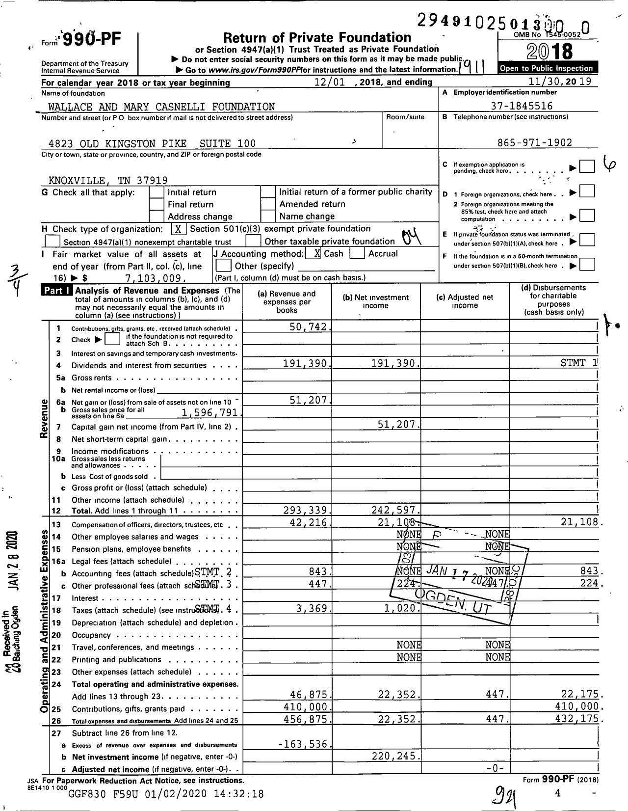 Image of first page of 2018 Form 990PR for Wallace and Mary Casnelli Foundation