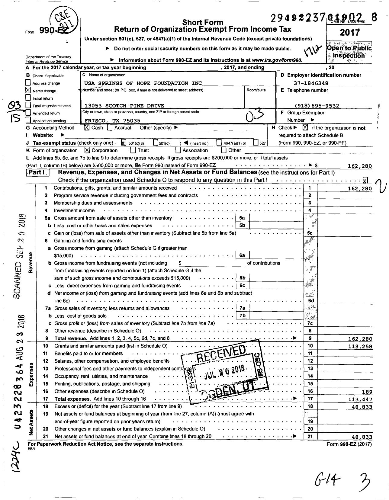 Image of first page of 2017 Form 990EZ for USA Springs of Hope Foundation