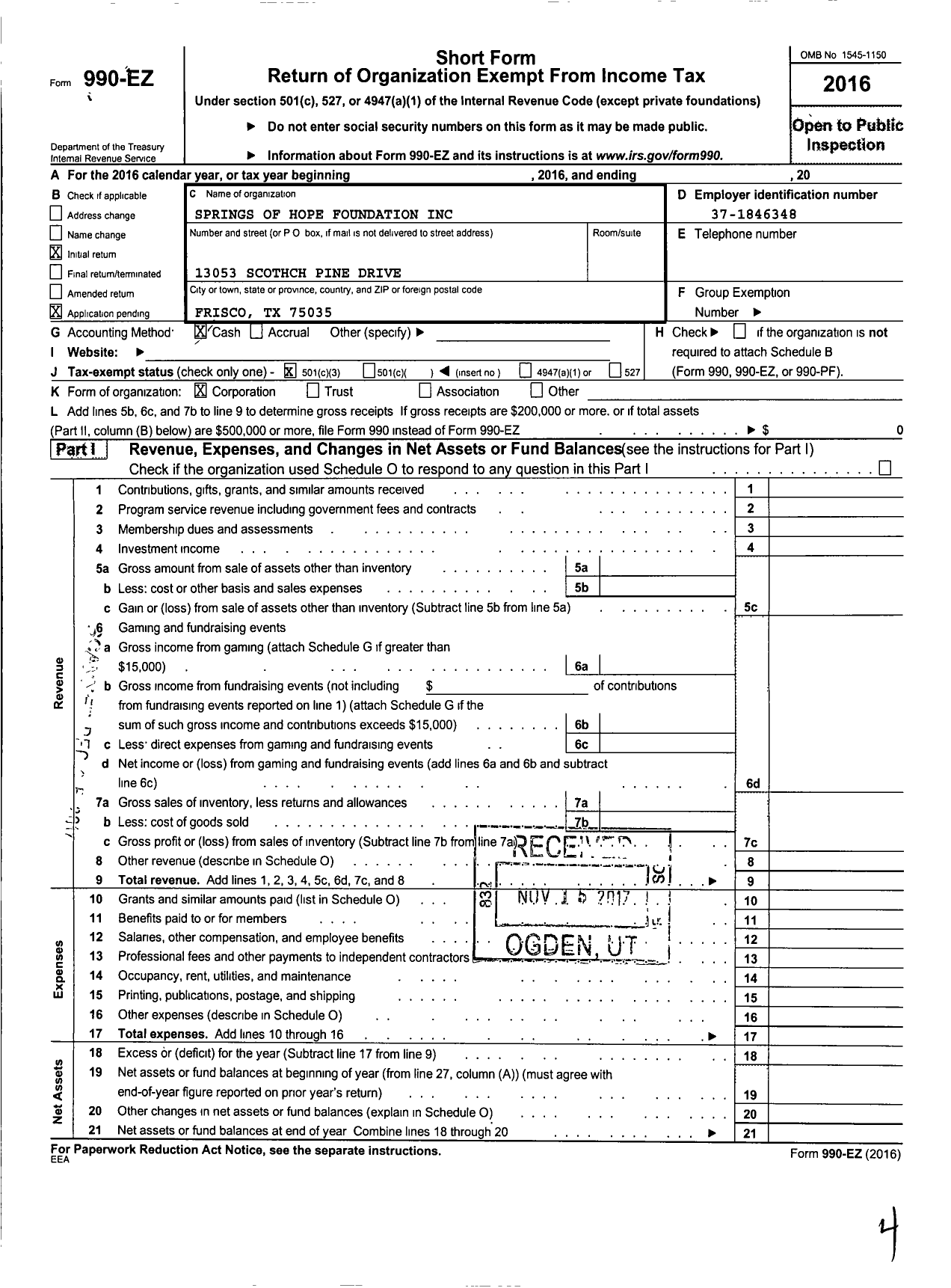 Image of first page of 2016 Form 990EZ for USA Springs of Hope Foundation