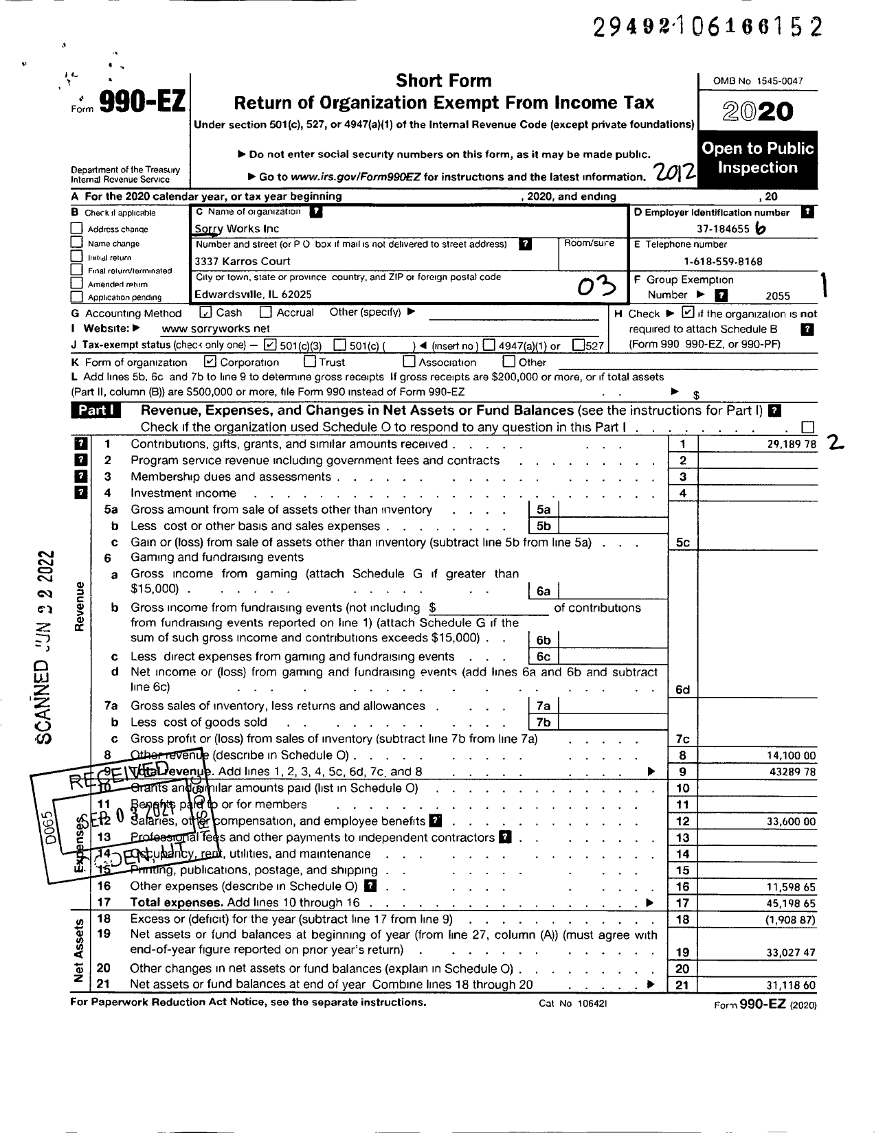 Image of first page of 2020 Form 990EZ for Sorry Works