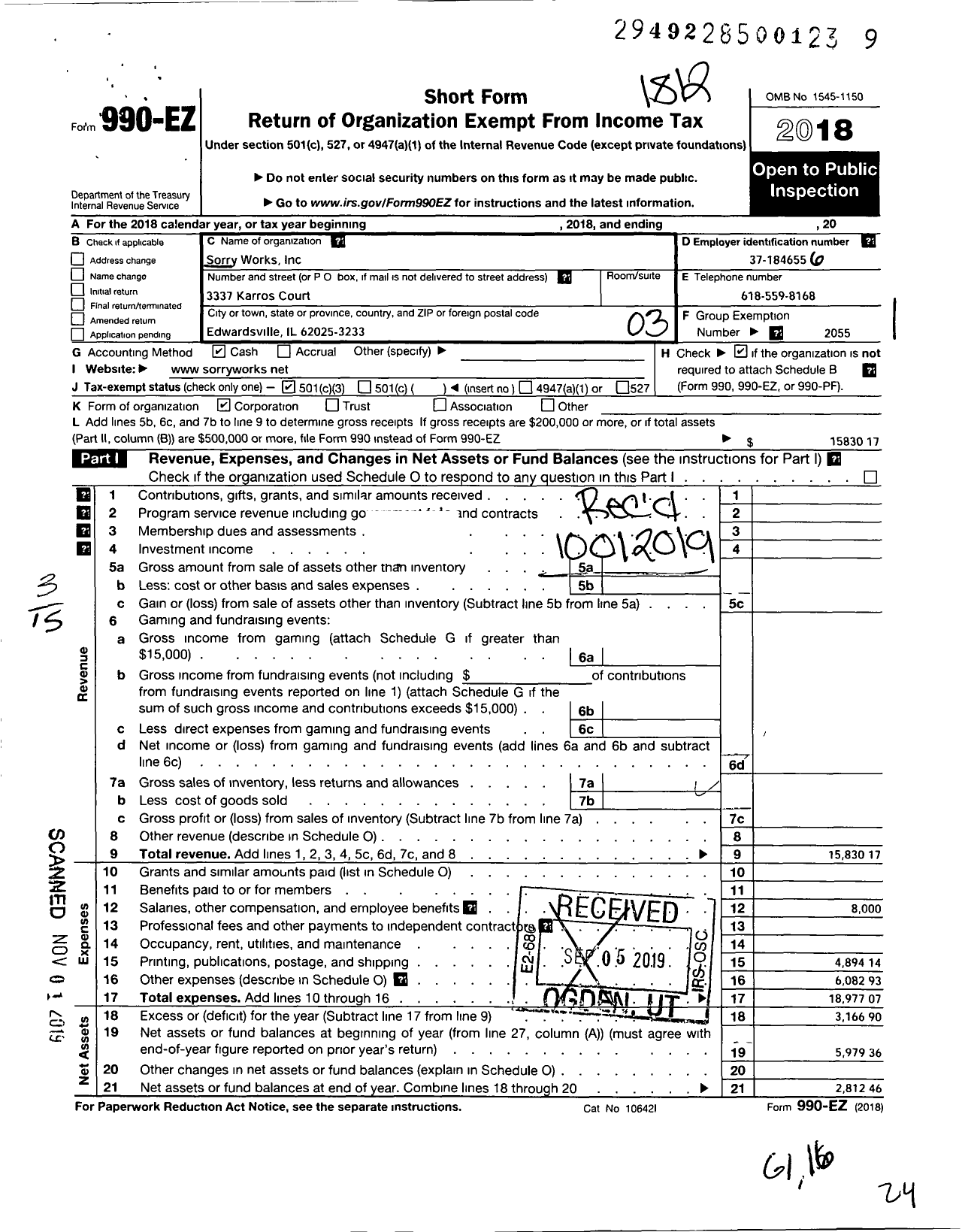 Image of first page of 2018 Form 990EZ for Sorry Works