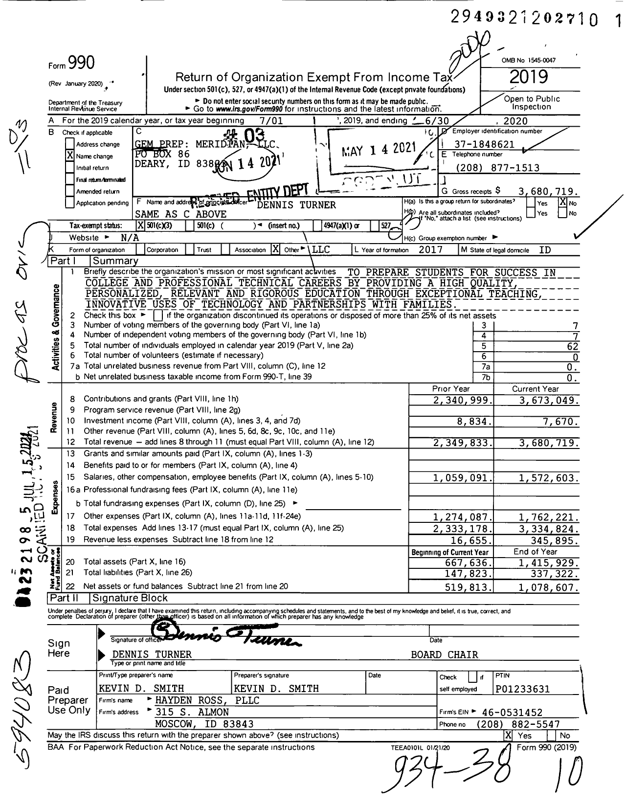 Image of first page of 2019 Form 990 for Gem Prep Meridian LLC