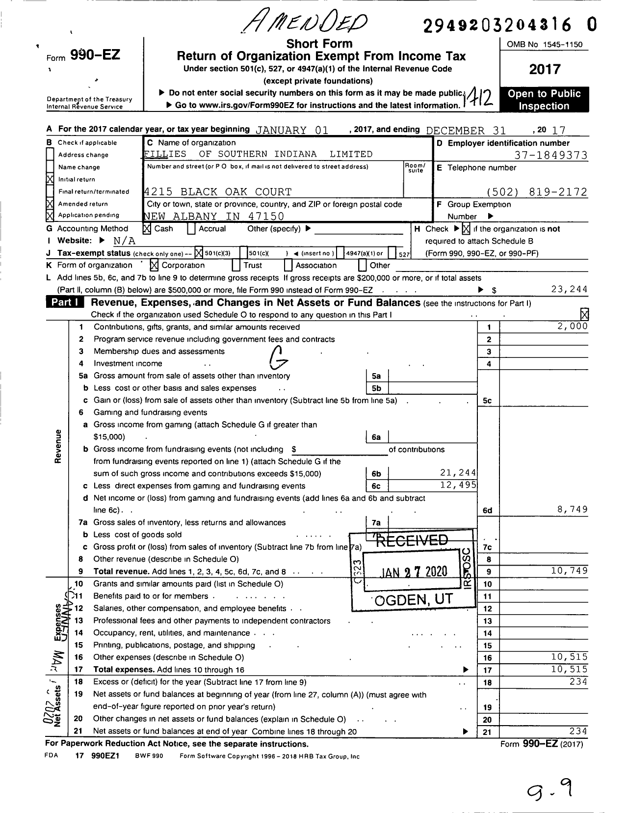 Image of first page of 2017 Form 990EZ for Fillies of Southern Indiana