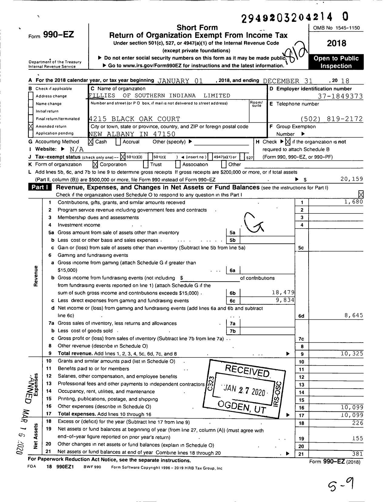 Image of first page of 2018 Form 990EZ for Fillies of Southern Indiana