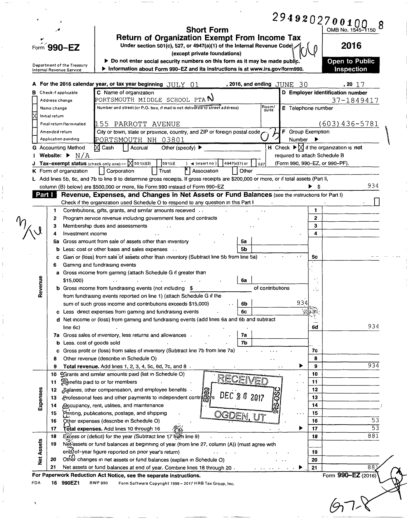 Image of first page of 2016 Form 990EZ for New Hampshire Congress of Parents and Teachers / Portsmouth Middle School PTA